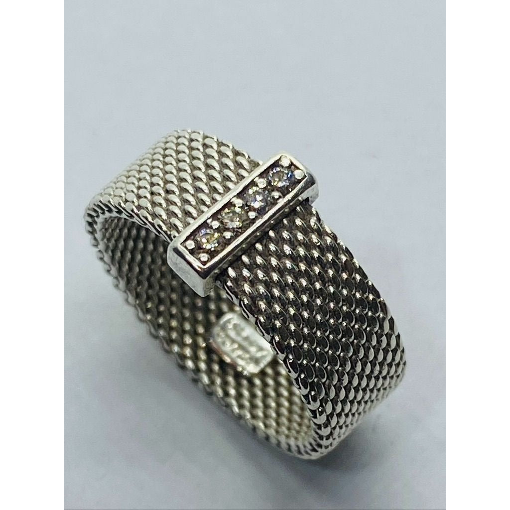 Tiffany & Co Sterling Silver Diamond Mesh Somerset Wide Band Ring. Retired