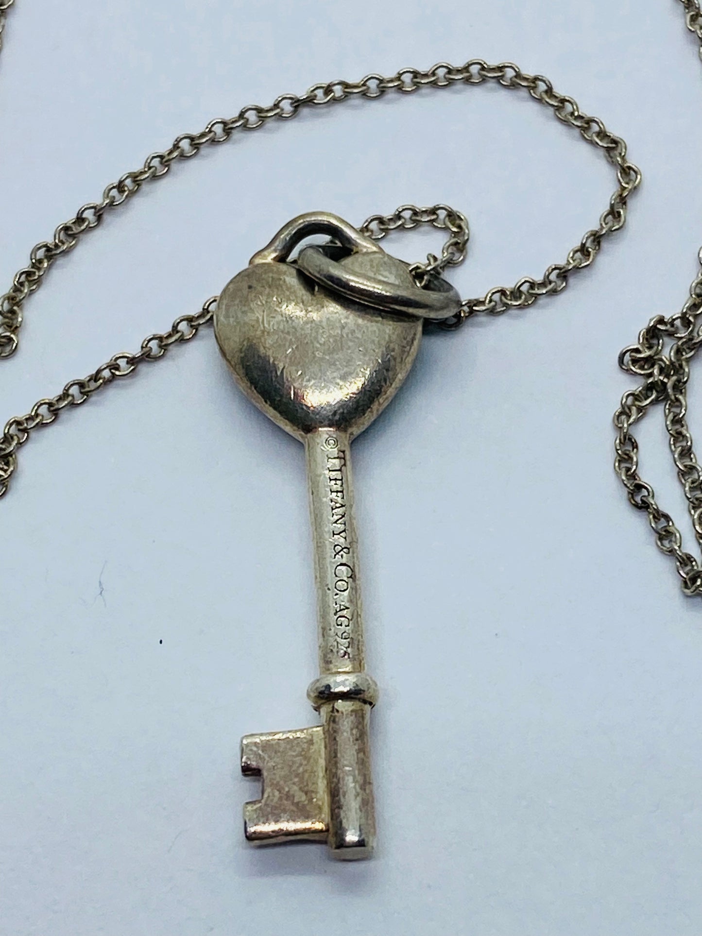 Tiffany & Co. 925 Sterling Silver Blue Enamel Mini Key Heart Necklace 18.25”