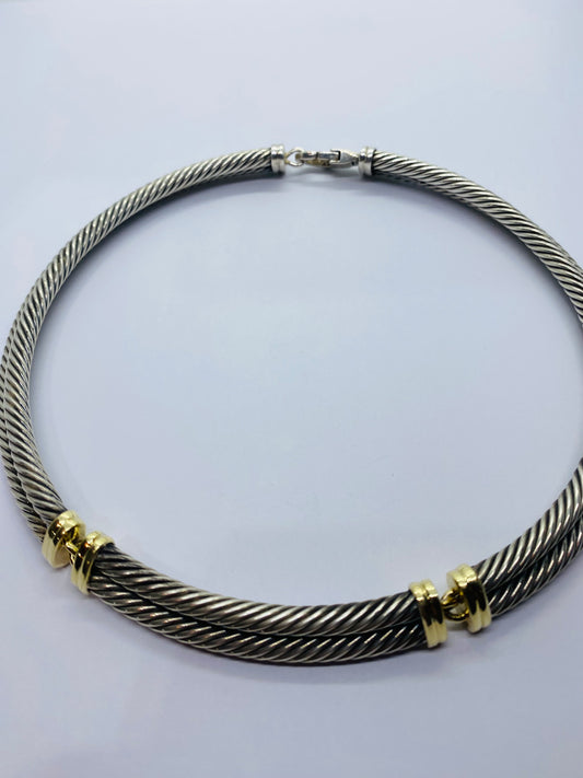 10MM David Yurman Silver and 14k Yellow Gold Double Cable Collar Necklace 113G