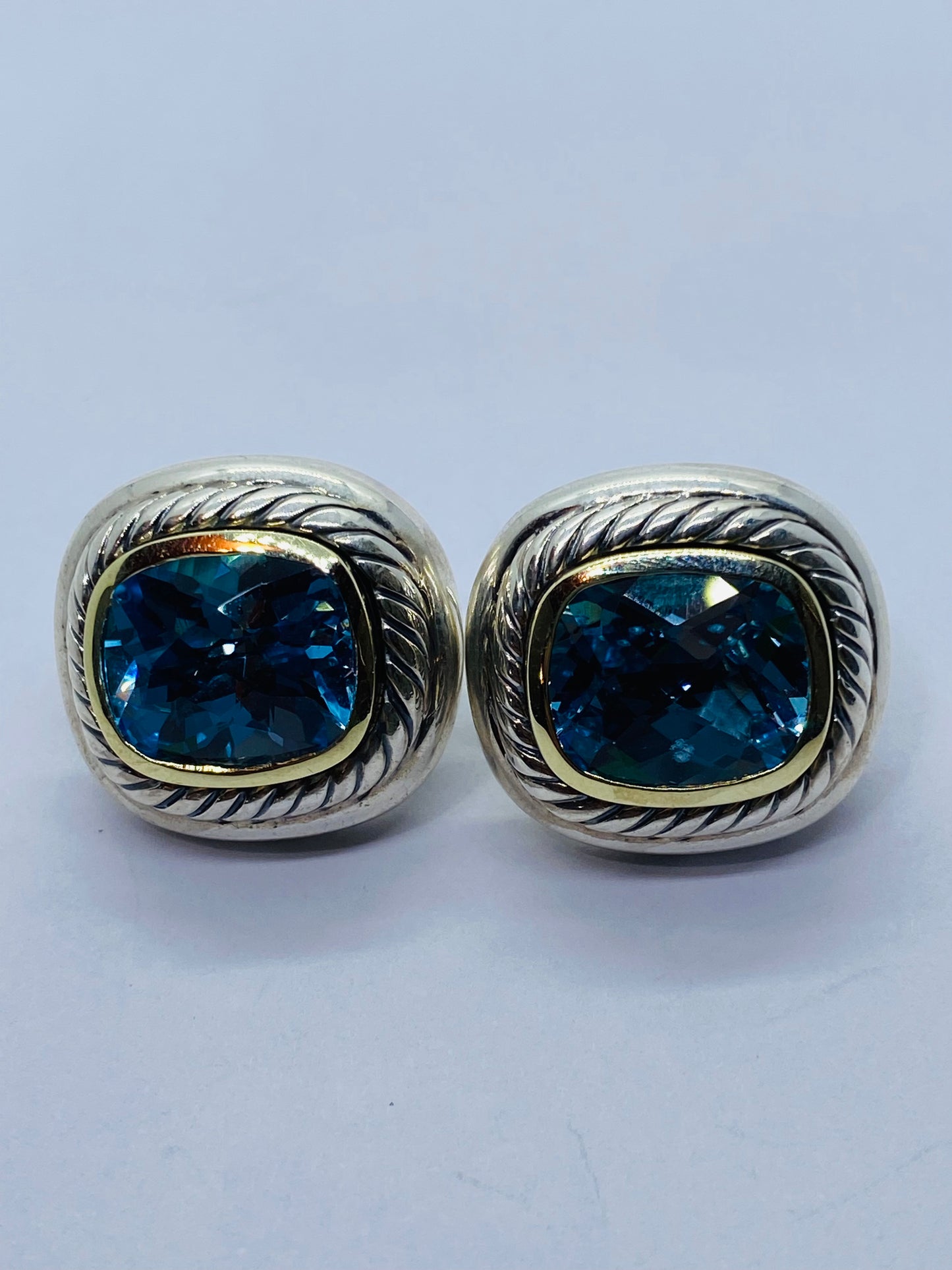 David Yurman Sterling Silver 14K Gold Albion Cushion Cut Blue Topaz Earrings