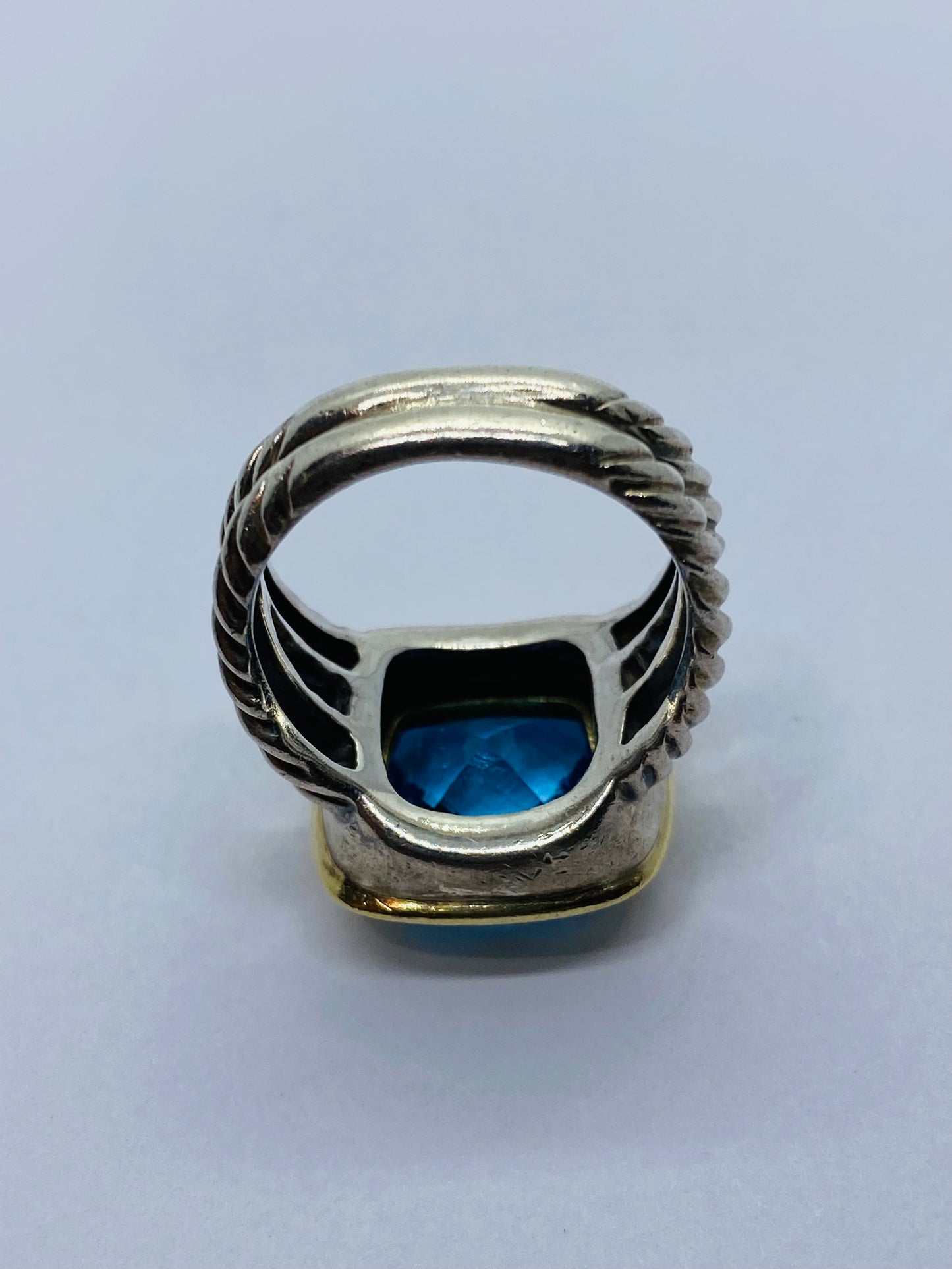 David Yurman Split Shank Sterling Silver & 18K W 11mm Blue Topaz Ring Sz 6