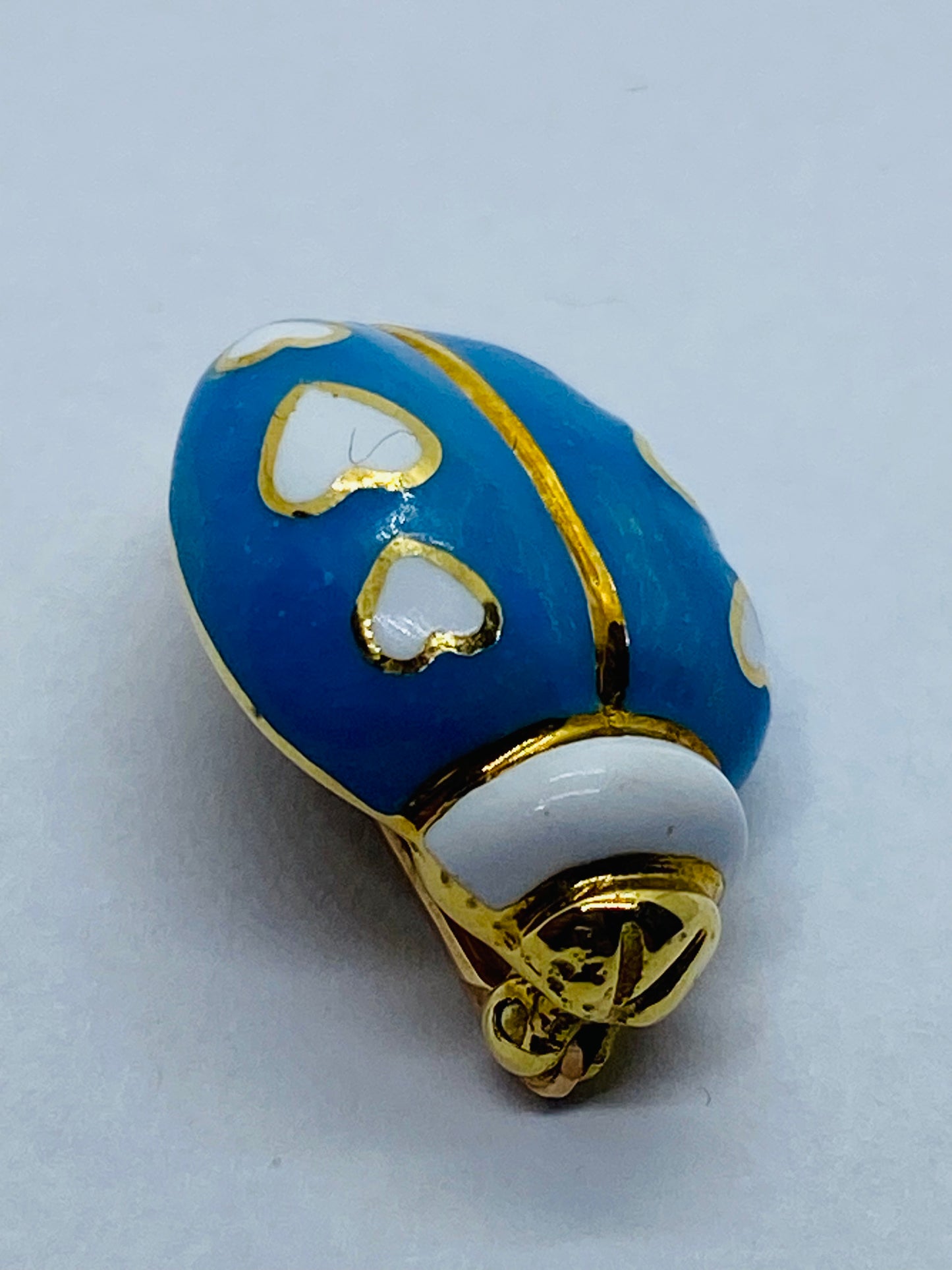 Tiffany & Co 18K Gold Enamel Blue White Hearts Lady bug Pin Brooch Rare