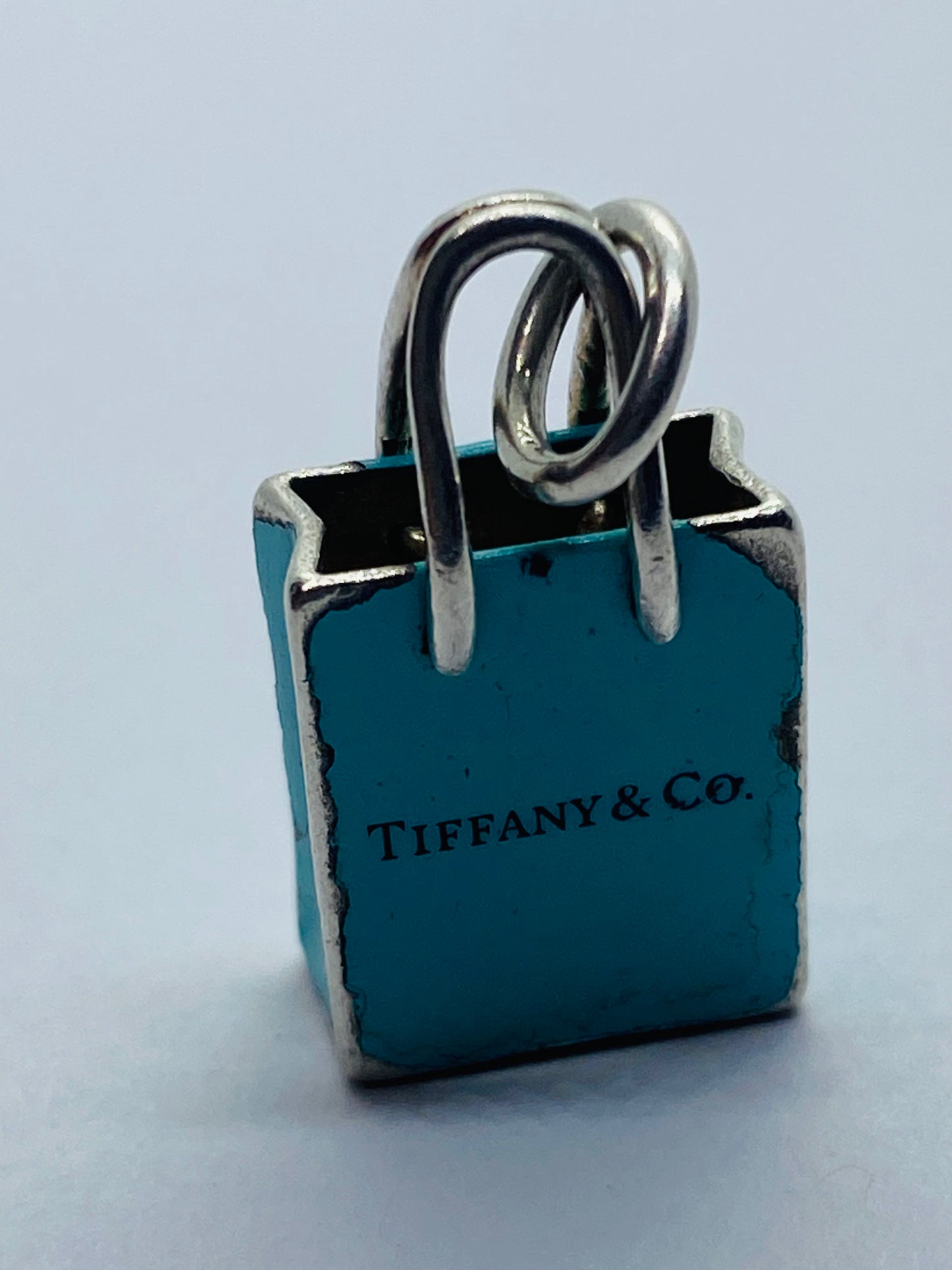Tiffany & Co Sterling Silver Blue Enamel Shopping Bag Charm Pendant
