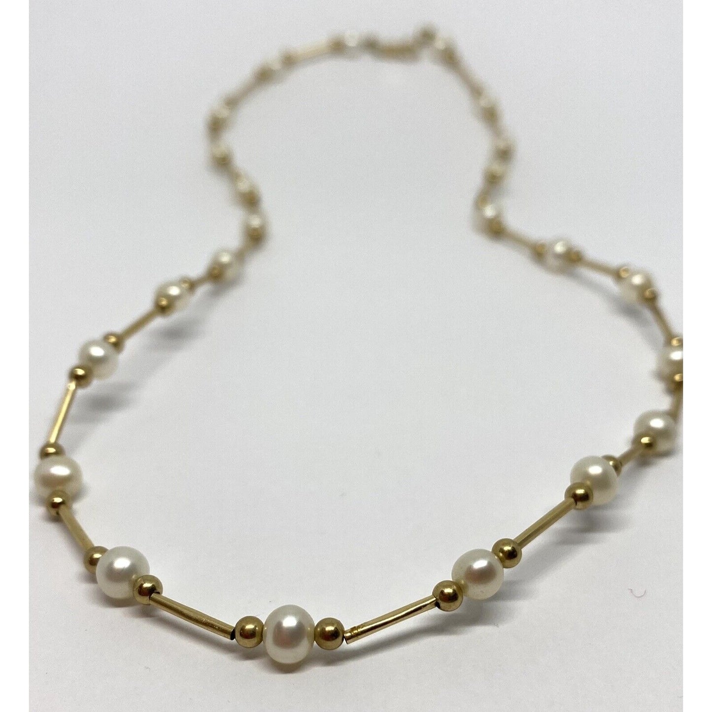 Vintage 14k Yellow Gold Pearl Station Link Necklace 17” 5MM Pearls