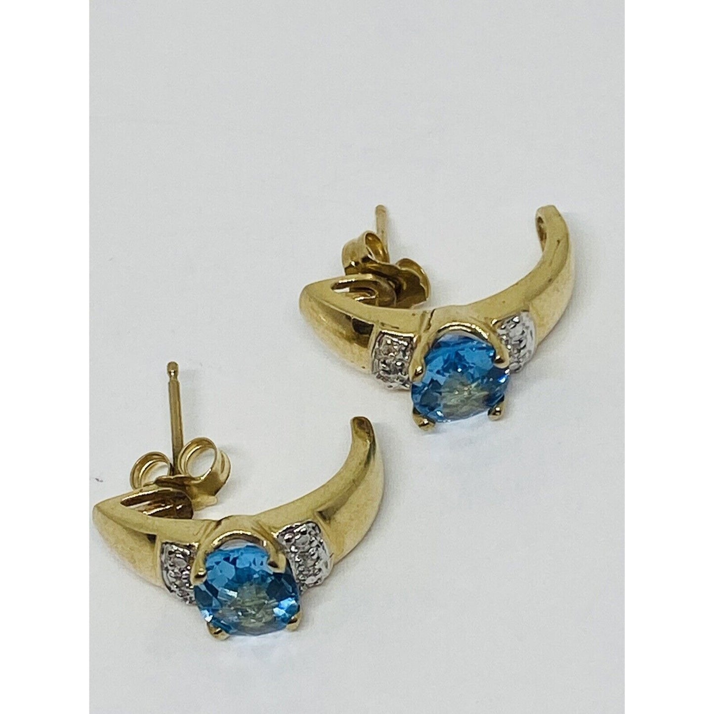 10K Yellow Gold Blue Topaz Diamond Earrings Half Hoop