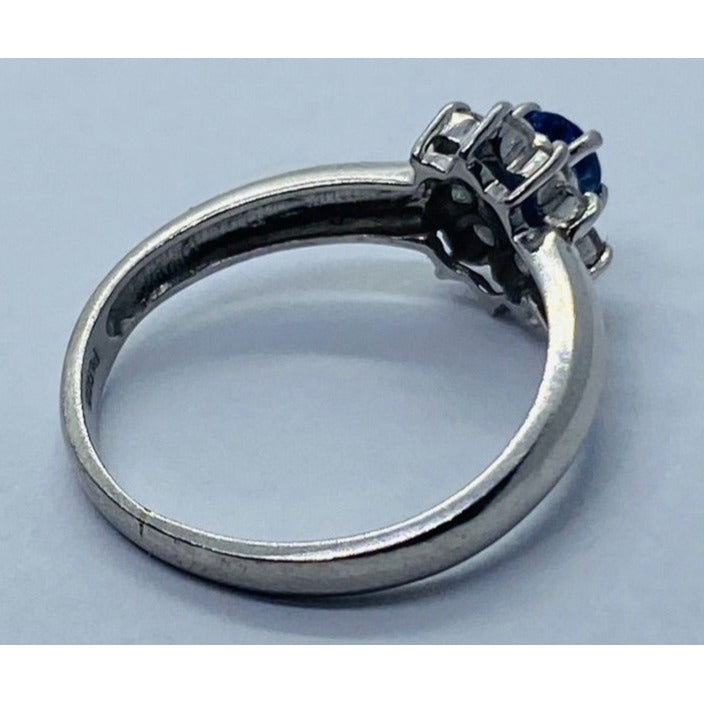 Solid Platinum 900 Navy Sapphire Diamond Halo Ring - 2.7 gms, Sz 5 , .40 TCW