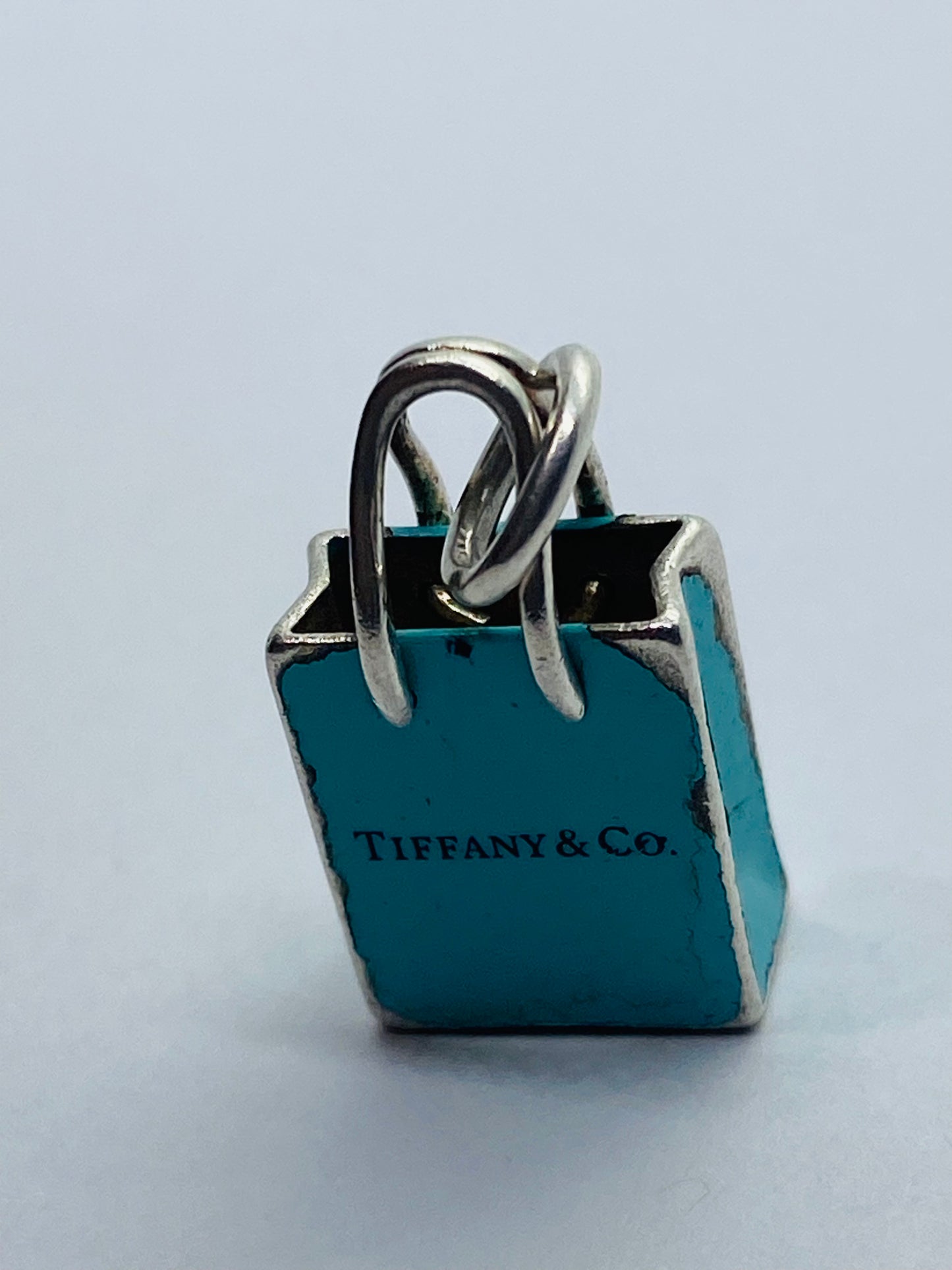 Tiffany & Co Sterling Silver Blue Enamel Shopping Bag Charm Pendant