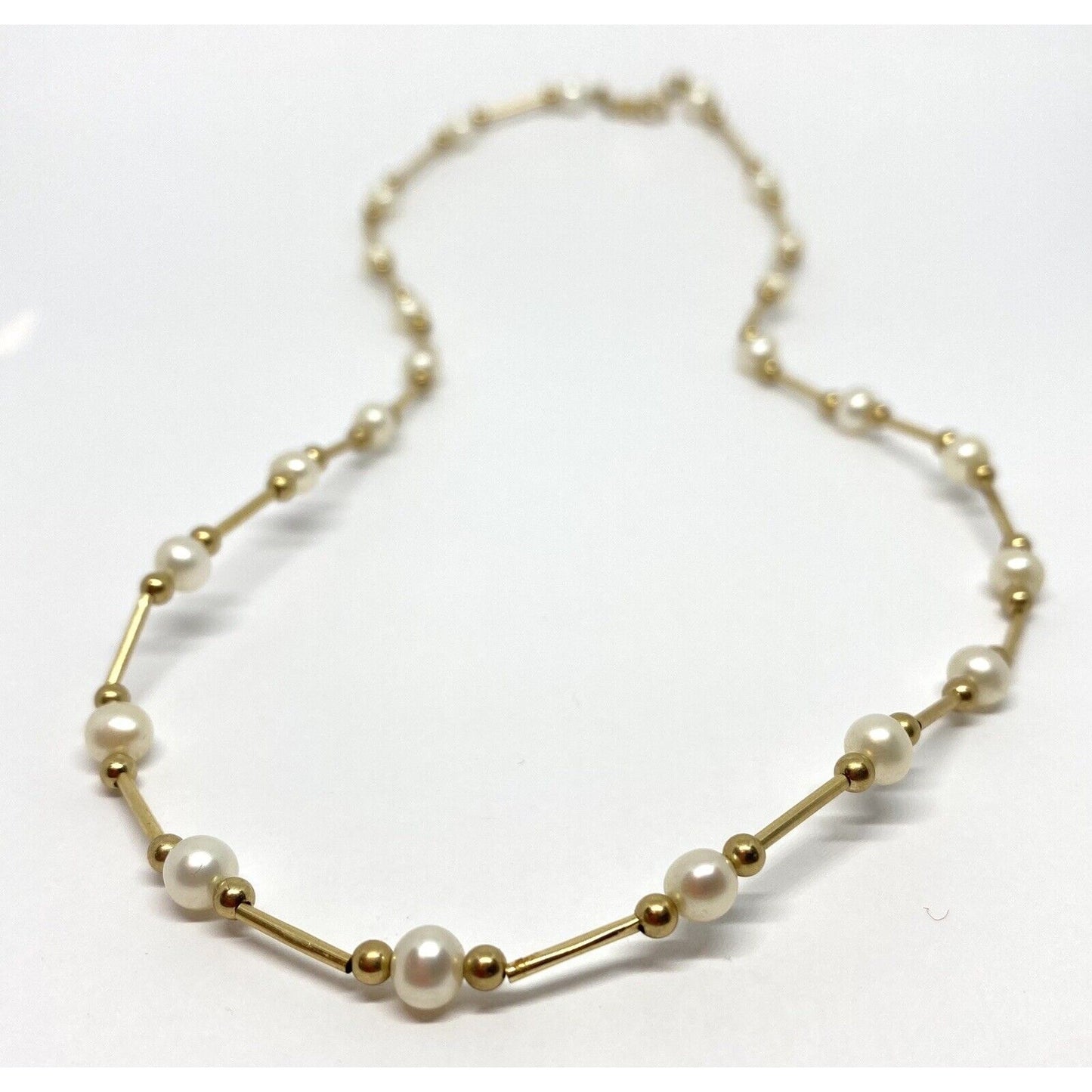 Vintage 14k Yellow Gold Pearl Station Link Necklace 17” 5MM Pearls