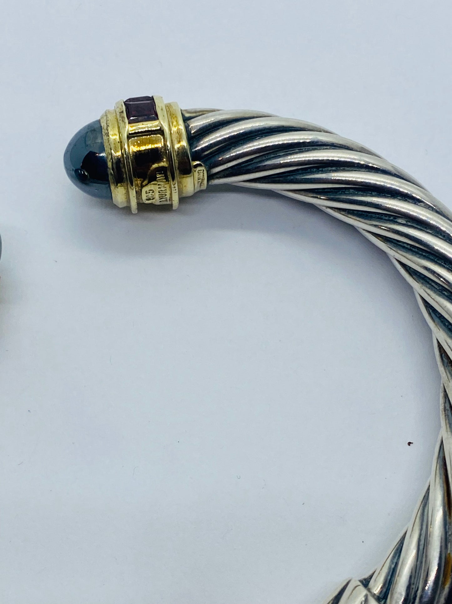 David Yurman 9.5mm Cable Hematite Pink Tourmaline 14K Gold Hinged Bracelet 7”