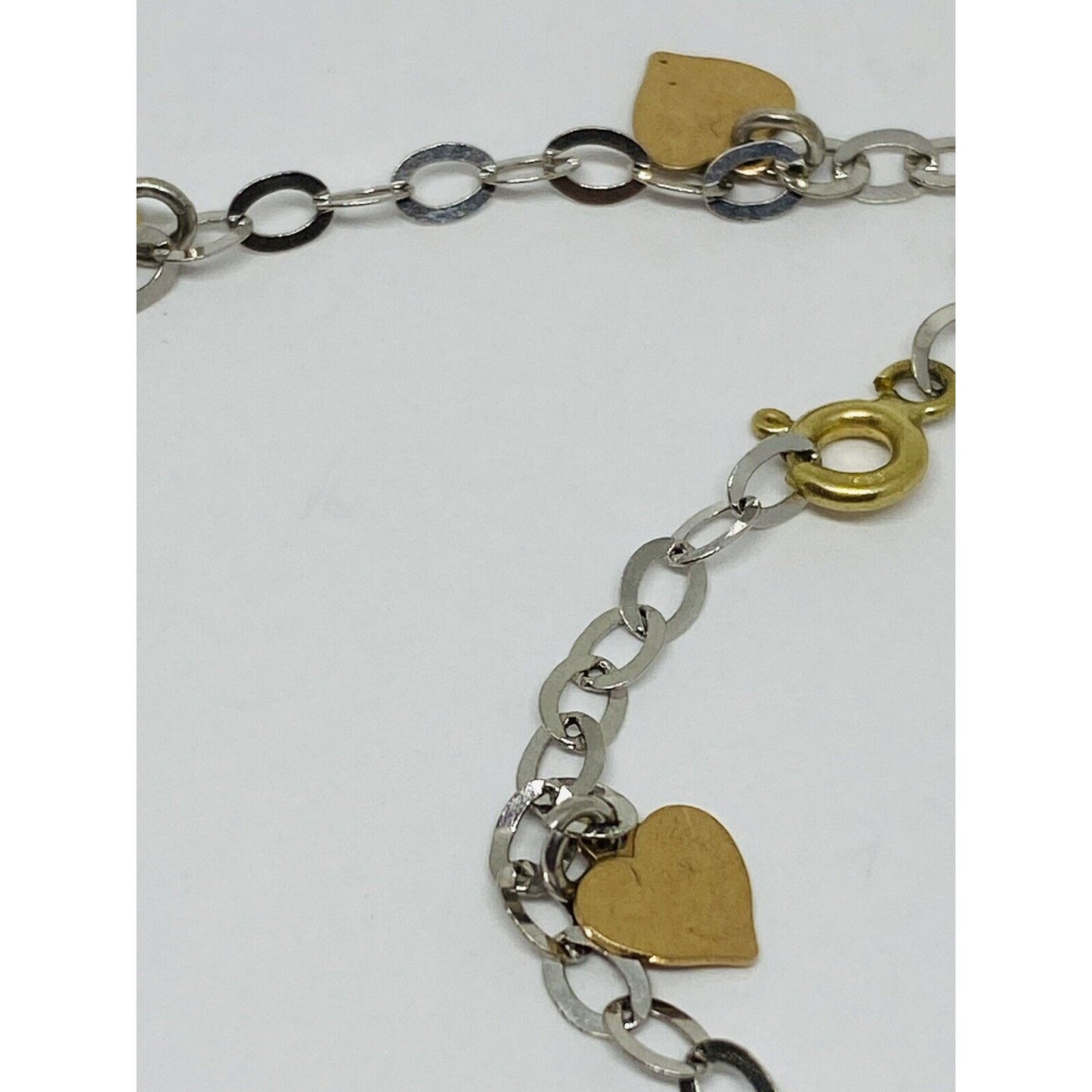 14K Solid Tri Color Gold Bracelet Chain Anklet 9.5” Dangling Hearts Squares