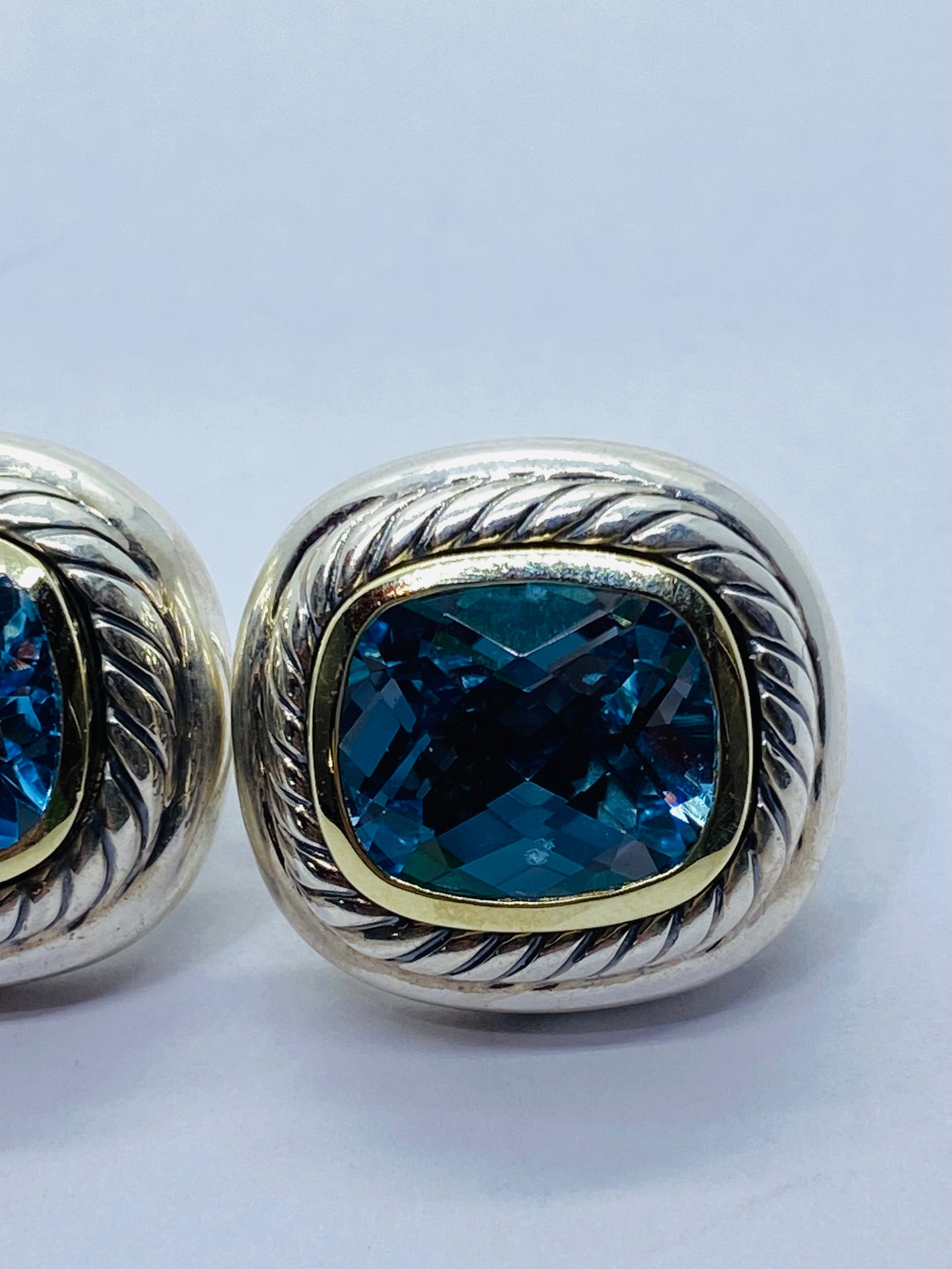 David Yurman Sterling Silver 14K Gold Albion Cushion Cut Blue Topaz Earrings