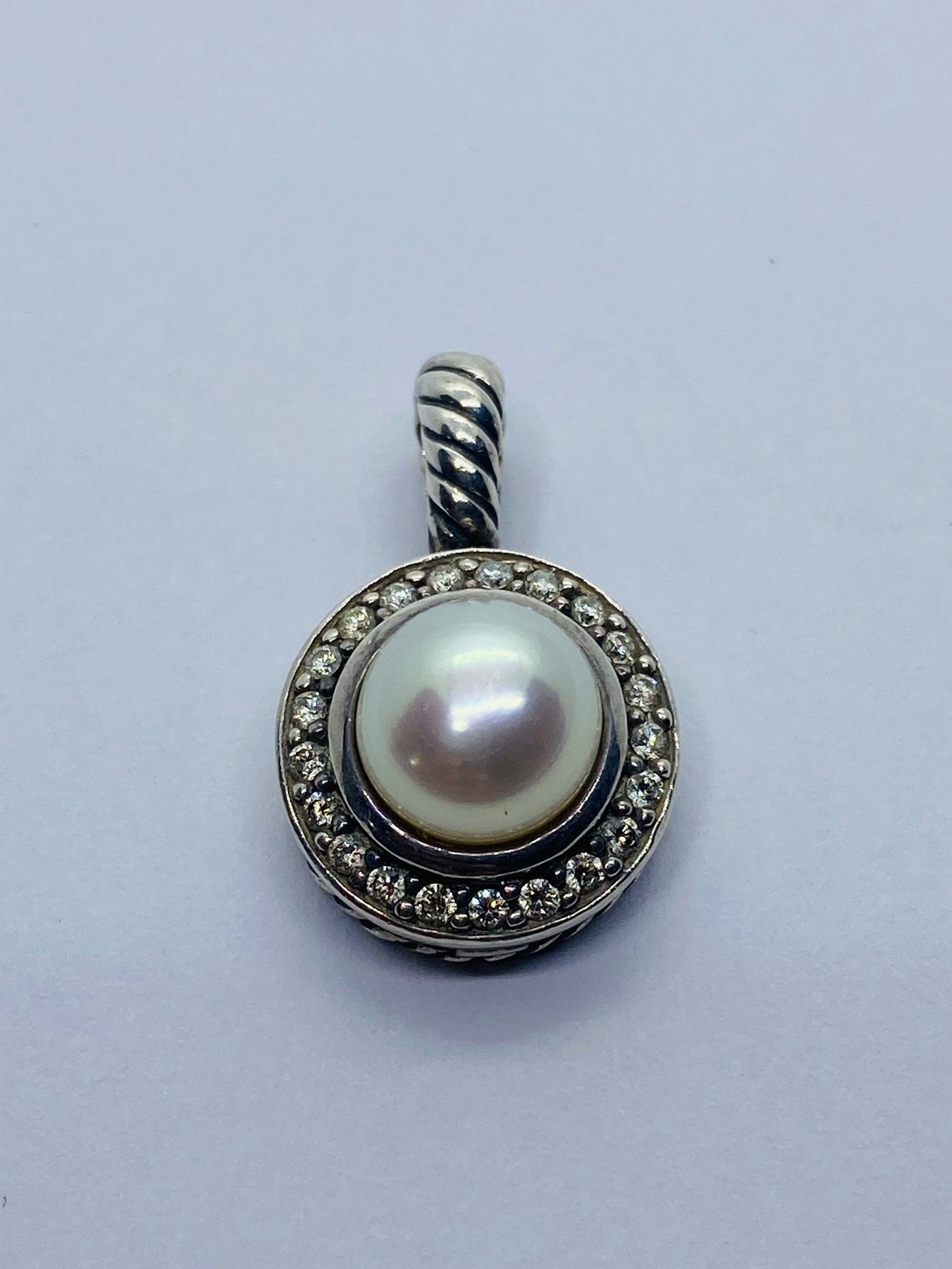 DAVID YURMAN STERLING SILVER CERISE PEARL DIAMOND HALO PENDANT 8MM Pearl