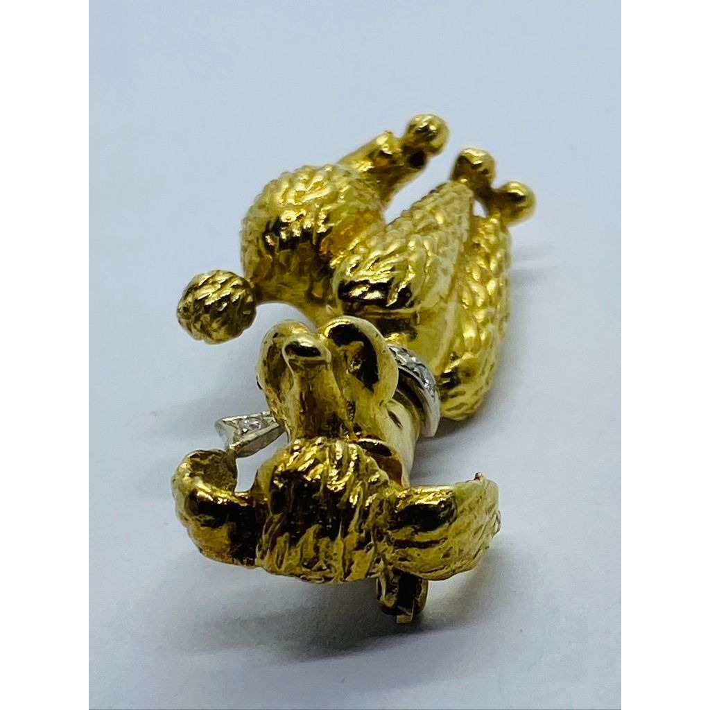 Signed Diamond Ruby 18K Gold Textured Poodle Dog Pin 15.3 Grams