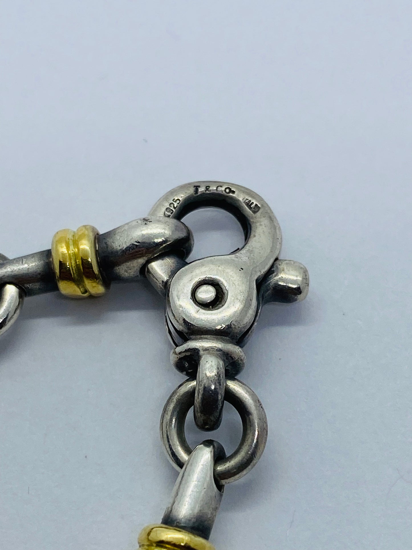 Tiffany Co Sterling Silver 18k Gold Bar Link Bracelet 7 1/8” Pouch Box