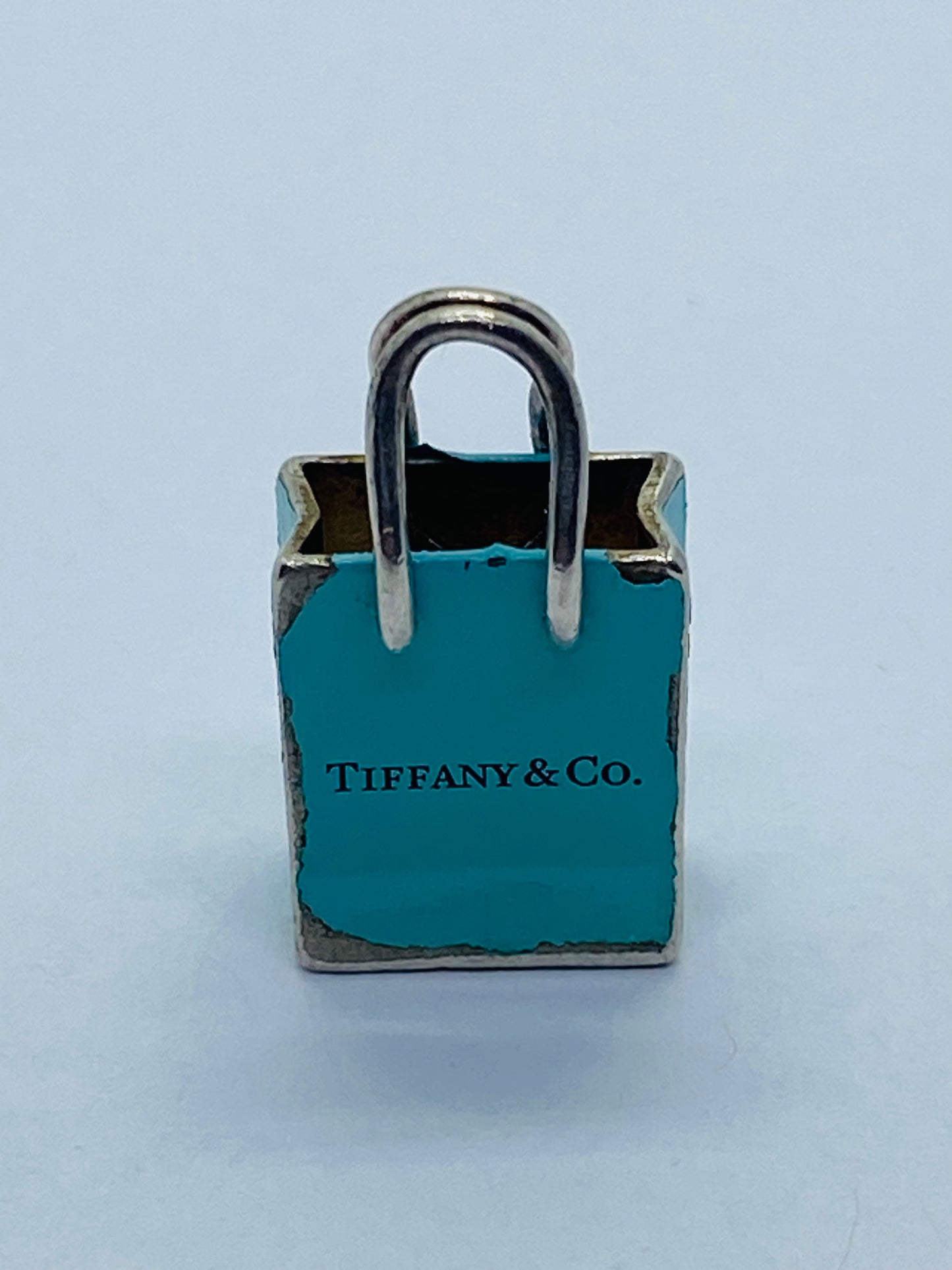 Tiffany & Co Sterling Silver Blue Enamel Shopping Bag Charm Pendant Pouch