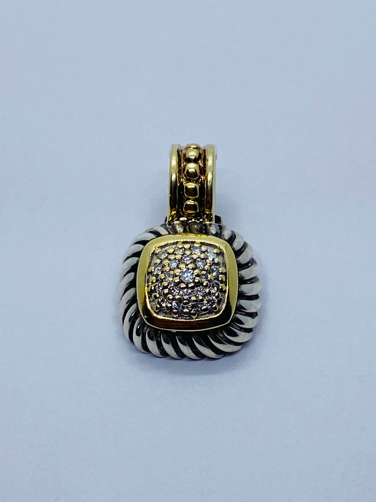 David Yurman Sterling Silver 18K Gold Pave Diamond Albion Cable Pendant $1,150