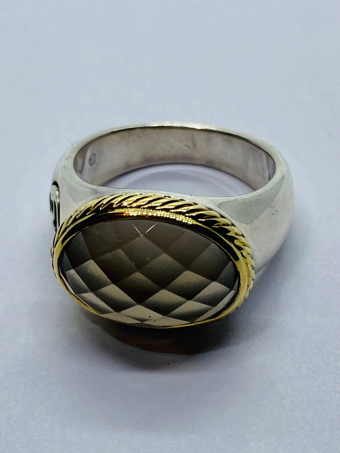 18K Yellow Gold Silver Smoky Topaz Cocktail Ring Oval Signature
