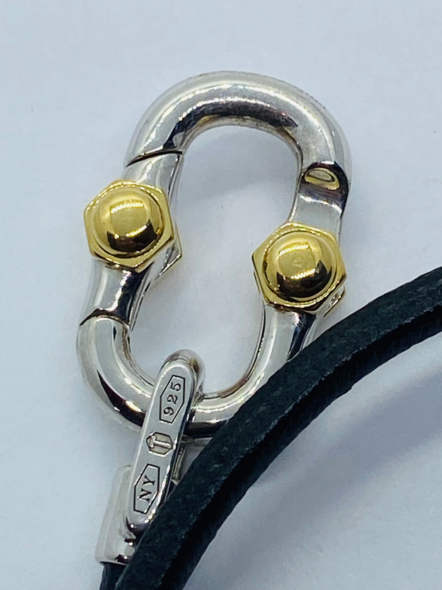 Tiffany & co 1837 Makers Black leather cord Sterling and 18k Bracelet 15.5”