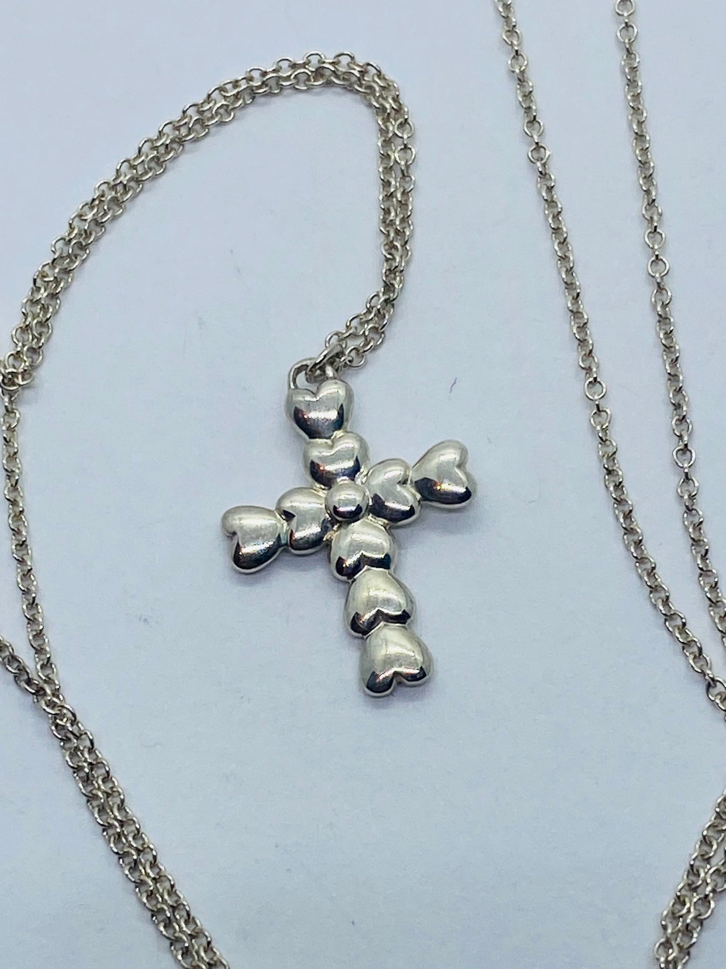 Tiffany & Co Silver Crown of Hearts Cross Pendant 16” Chain Necklace Pouch & Box