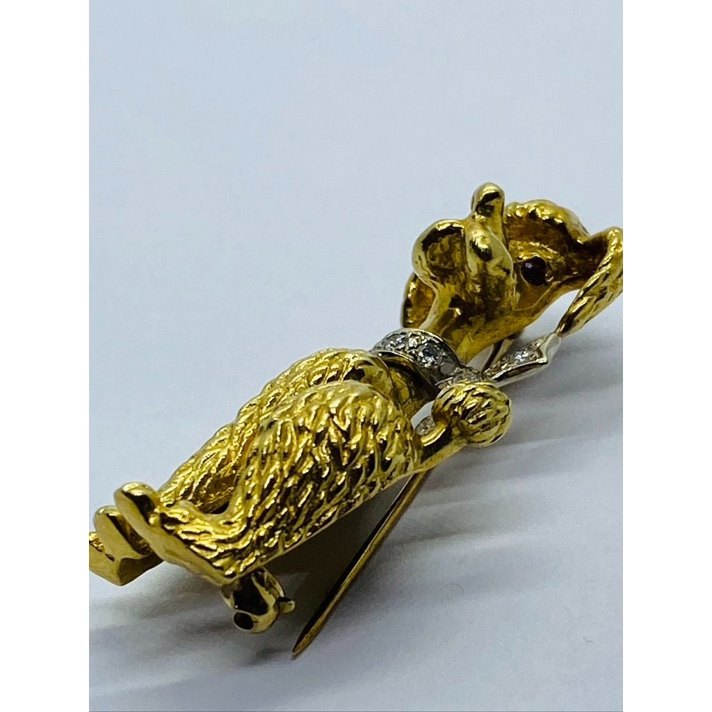 Signed Diamond Ruby 18K Gold Textured Poodle Dog Pin 15.3 Grams