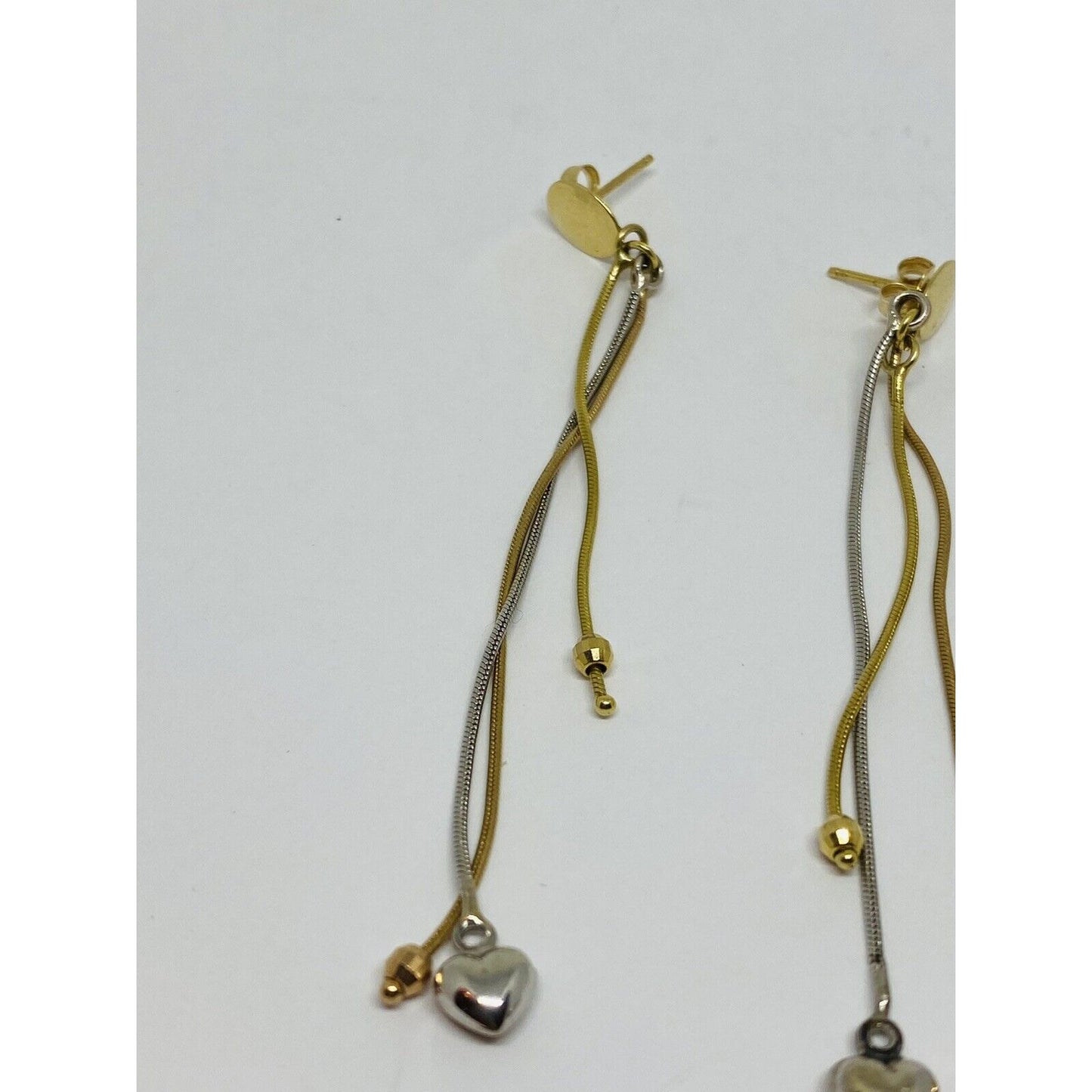 Solid 14k Tri Color 3 strand Omega Dangle Drop Earrings Hearts Beads 3”