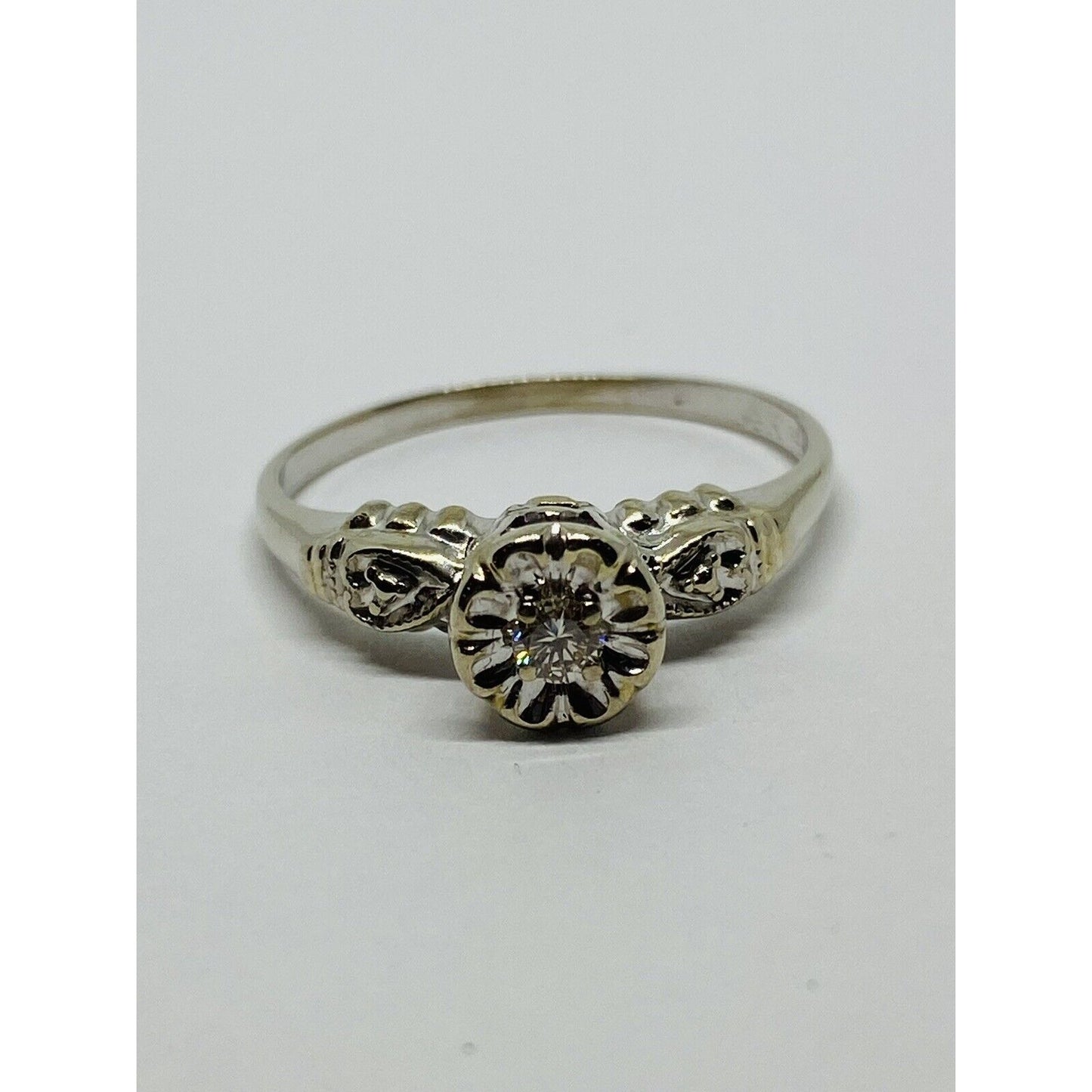 DECO DIAMOND ENGAGMENT RING 14k WHITE GOLD SZ 7.25
