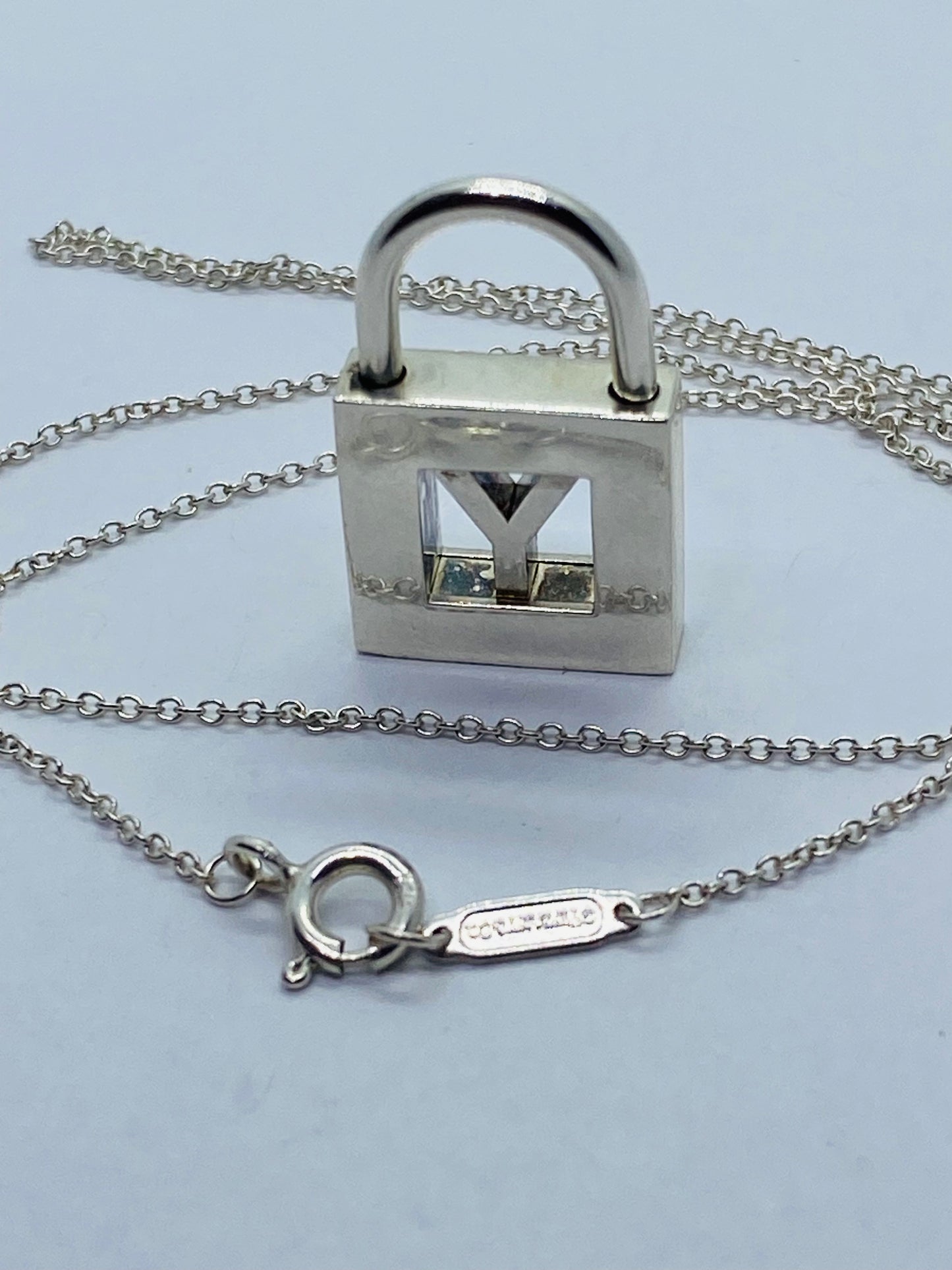 Tiffany & Co Silver Alphabet Letter "Y" Padlock Charm Pendant 17.5” Necklace