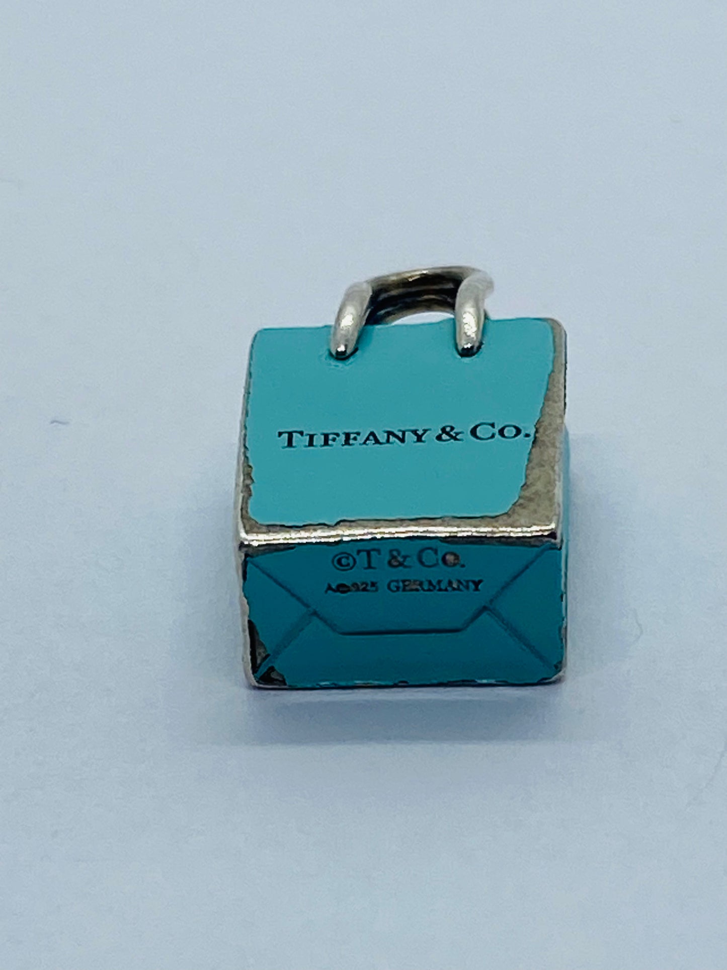 Tiffany & Co Sterling Silver Blue Enamel Shopping Bag Charm Pendant Pouch