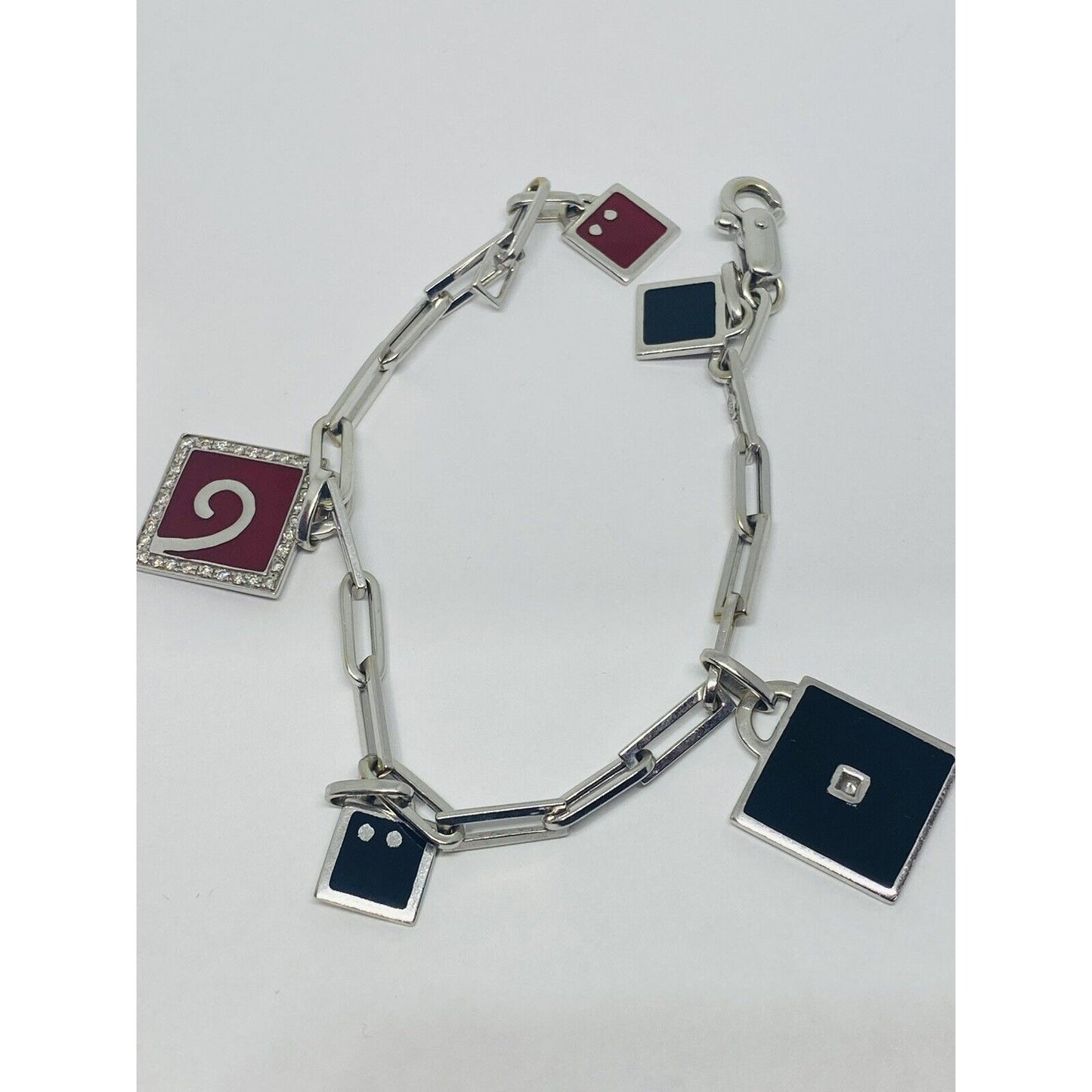 LA NOUVELLE BAGUE 0.22ct Diamond 18K Gold Square Charm Bracelet 7.25” RARE