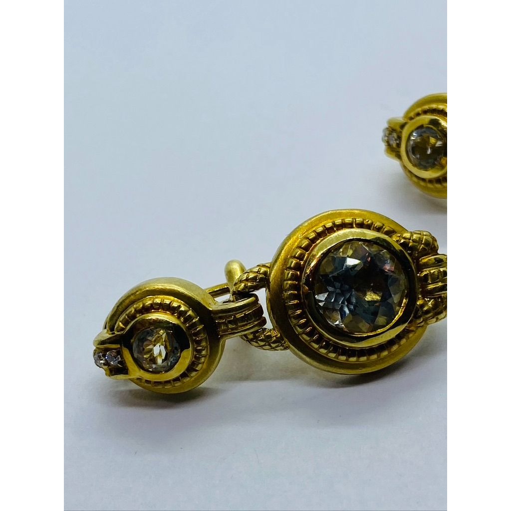 Judith Ripka 18k Yellow Gold Diamond & Quartz Dangle 2 Stone Earrings