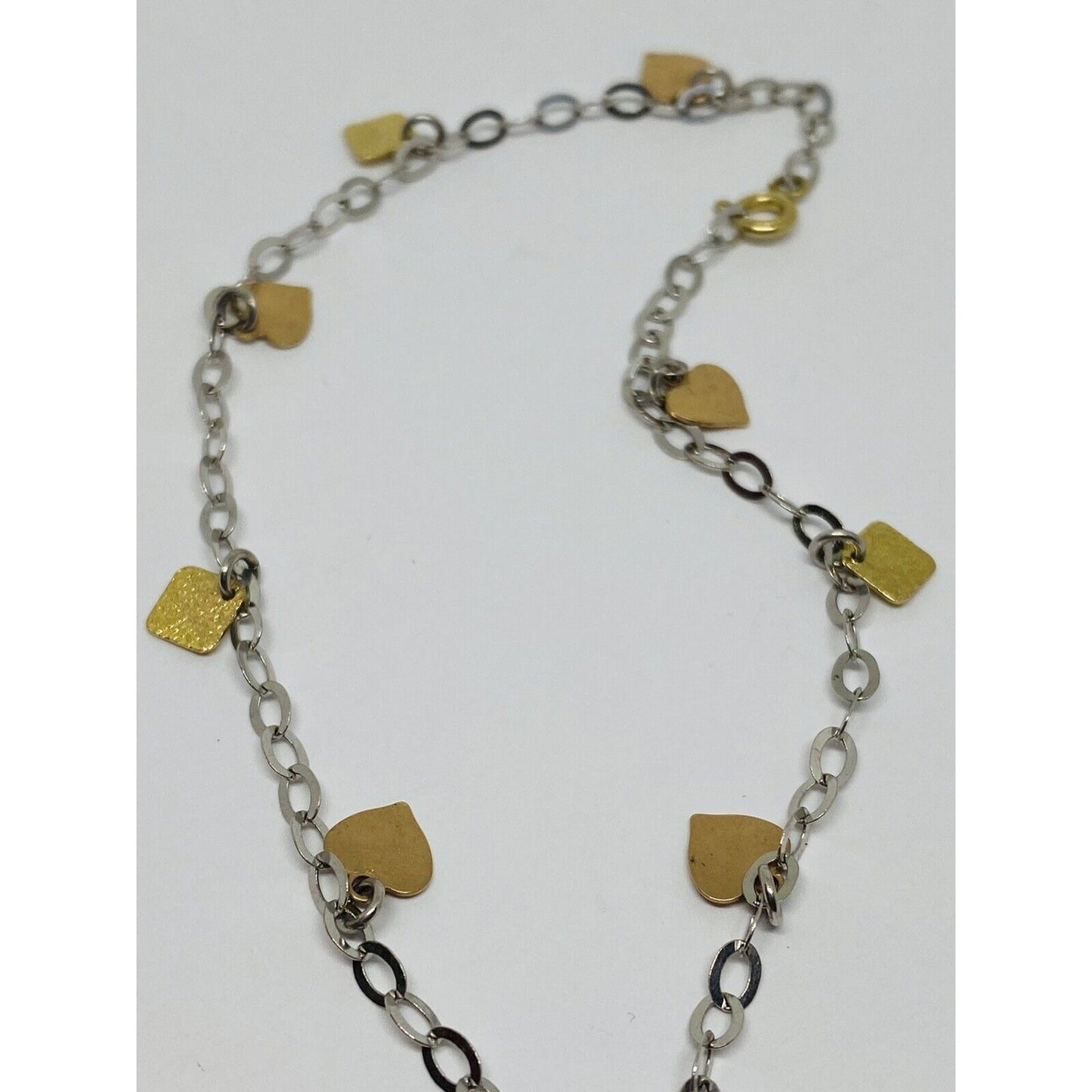 14K Solid Tri Color Gold Bracelet Chain Anklet 9.5” Dangling Hearts Squares