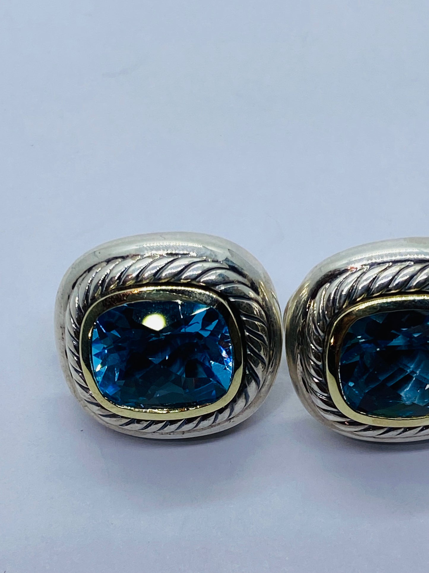 David Yurman Sterling Silver 14K Gold Albion Cushion Cut Blue Topaz Earrings