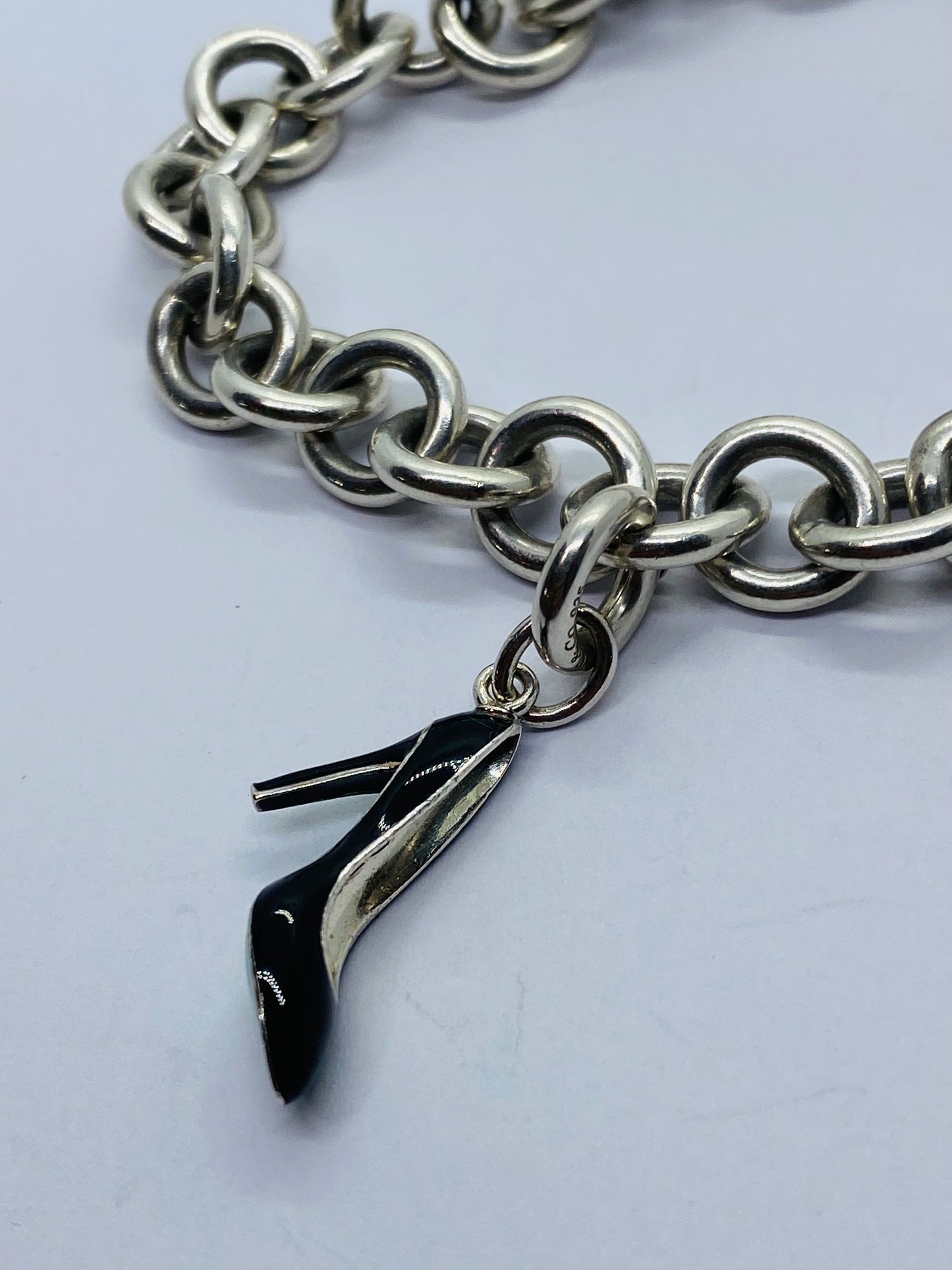 Tiffany & Co Silver Enamel Blue Black Enamel Heel Shoe Charm Pump Bracelet 7.5”