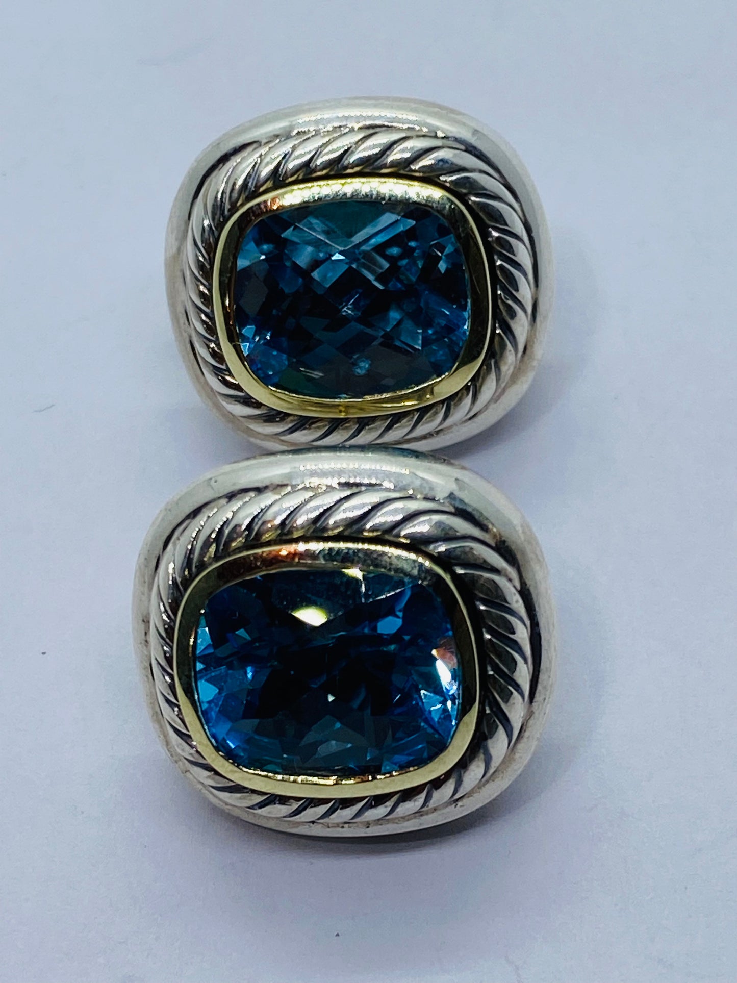 David Yurman Sterling Silver 14K Gold Albion Cushion Cut Blue Topaz Earrings