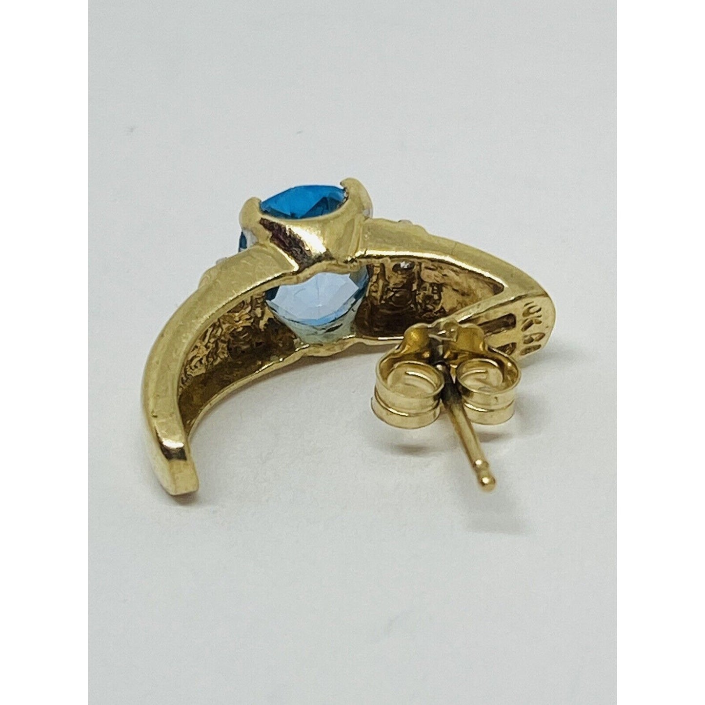 10K Yellow Gold Blue Topaz Diamond Earrings Half Hoop