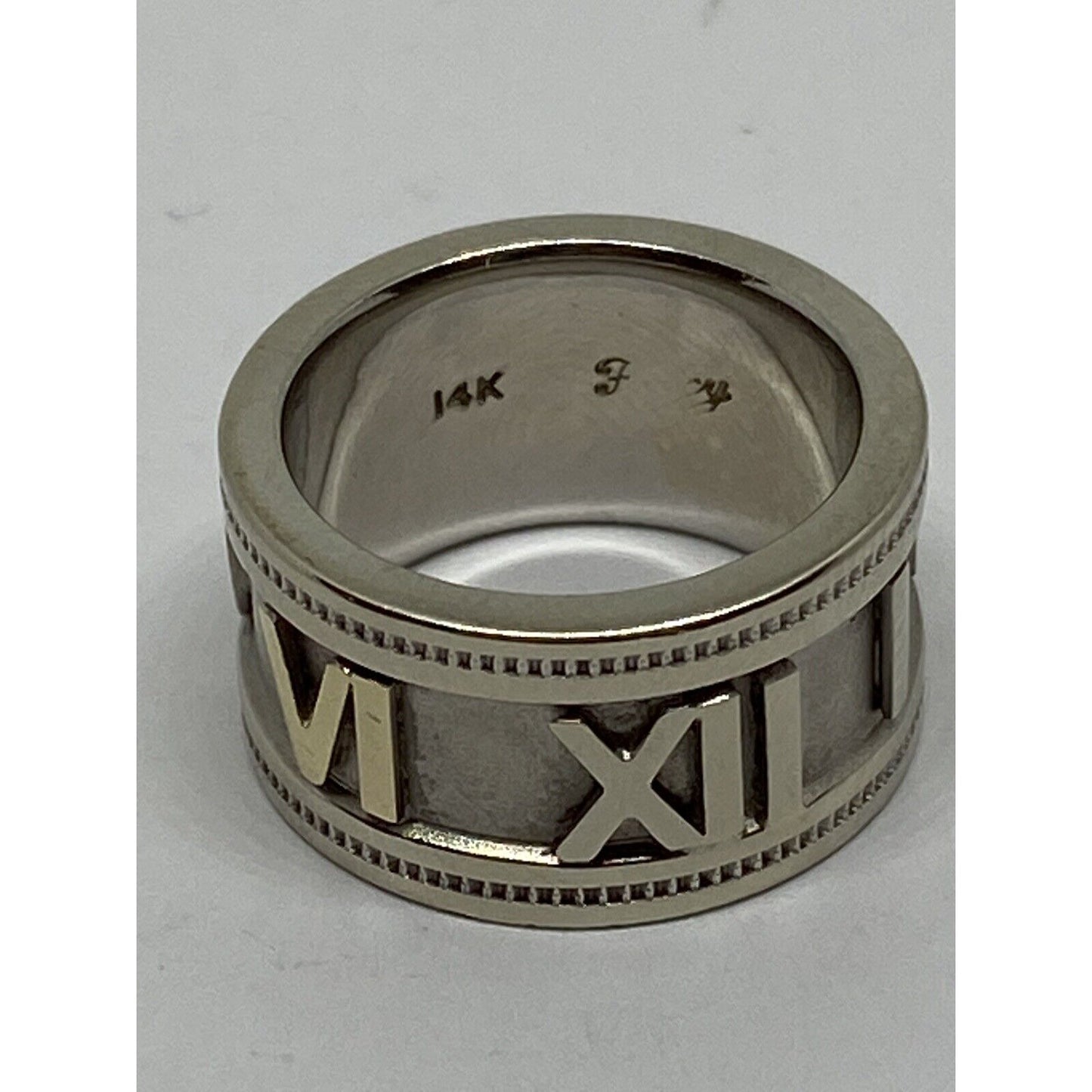 ESTATE WIDE 14K TWO TONE GOLD ROMAN NUMERAL WEDDING ANNIVERSARY RING 10mm Size 4