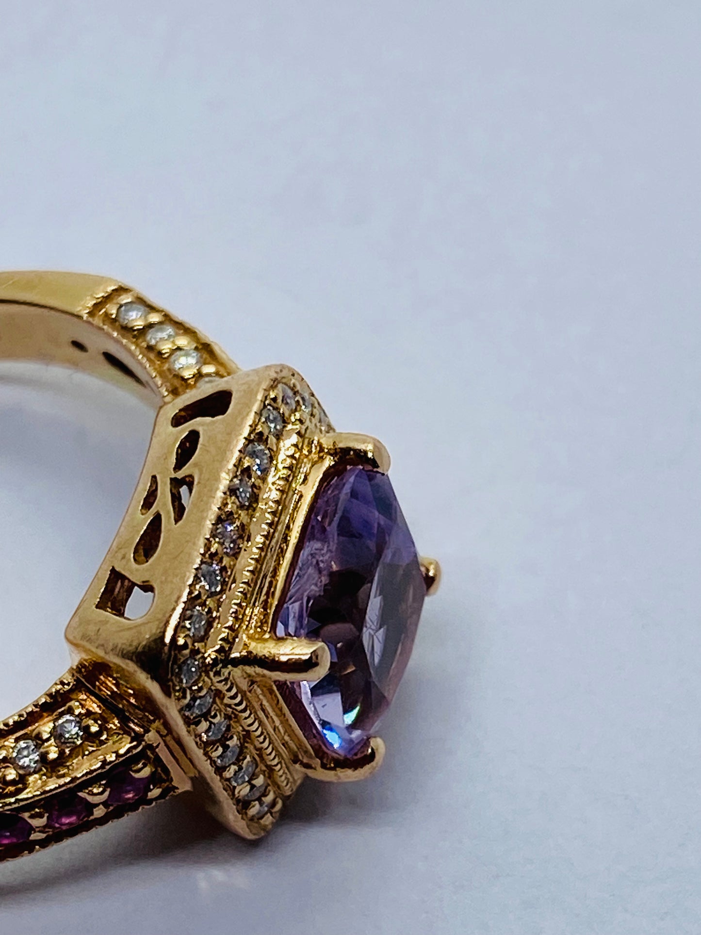 LeVian 14K Rose Gold Amethyst Pink Sapphire Diamond Halo Cocktail Ring READ!