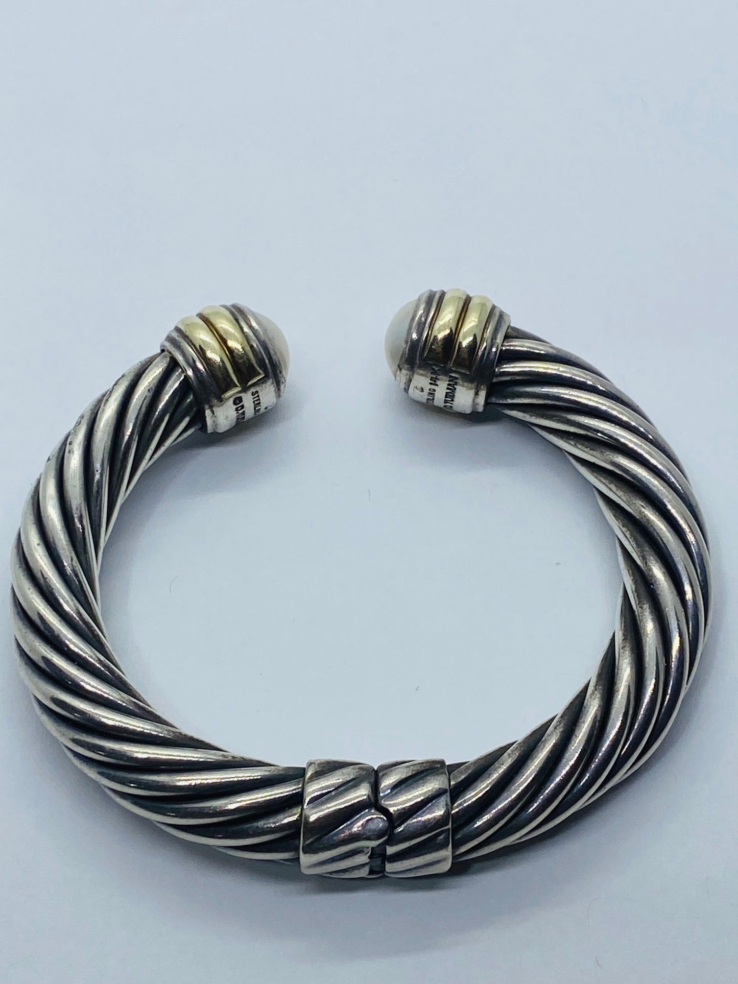DAVID YURMAN STERLING SILVER 14K 10MM MABE PEARL HINGED CUFF BRACELET RARE 6.25”