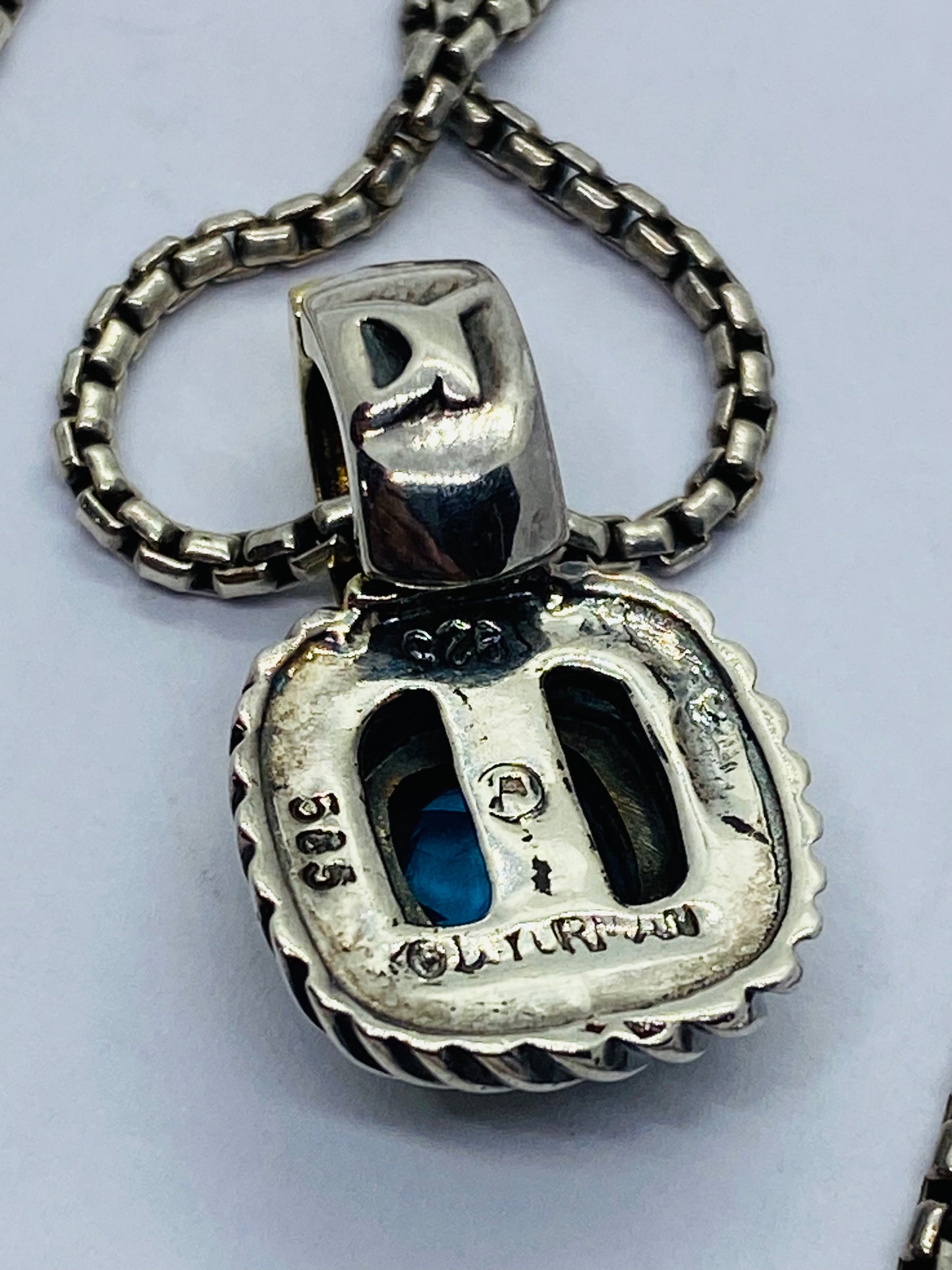 David Yurman Sterling Silver & 14k Blue Topaz Albion Pendant Enhancer 16.5”