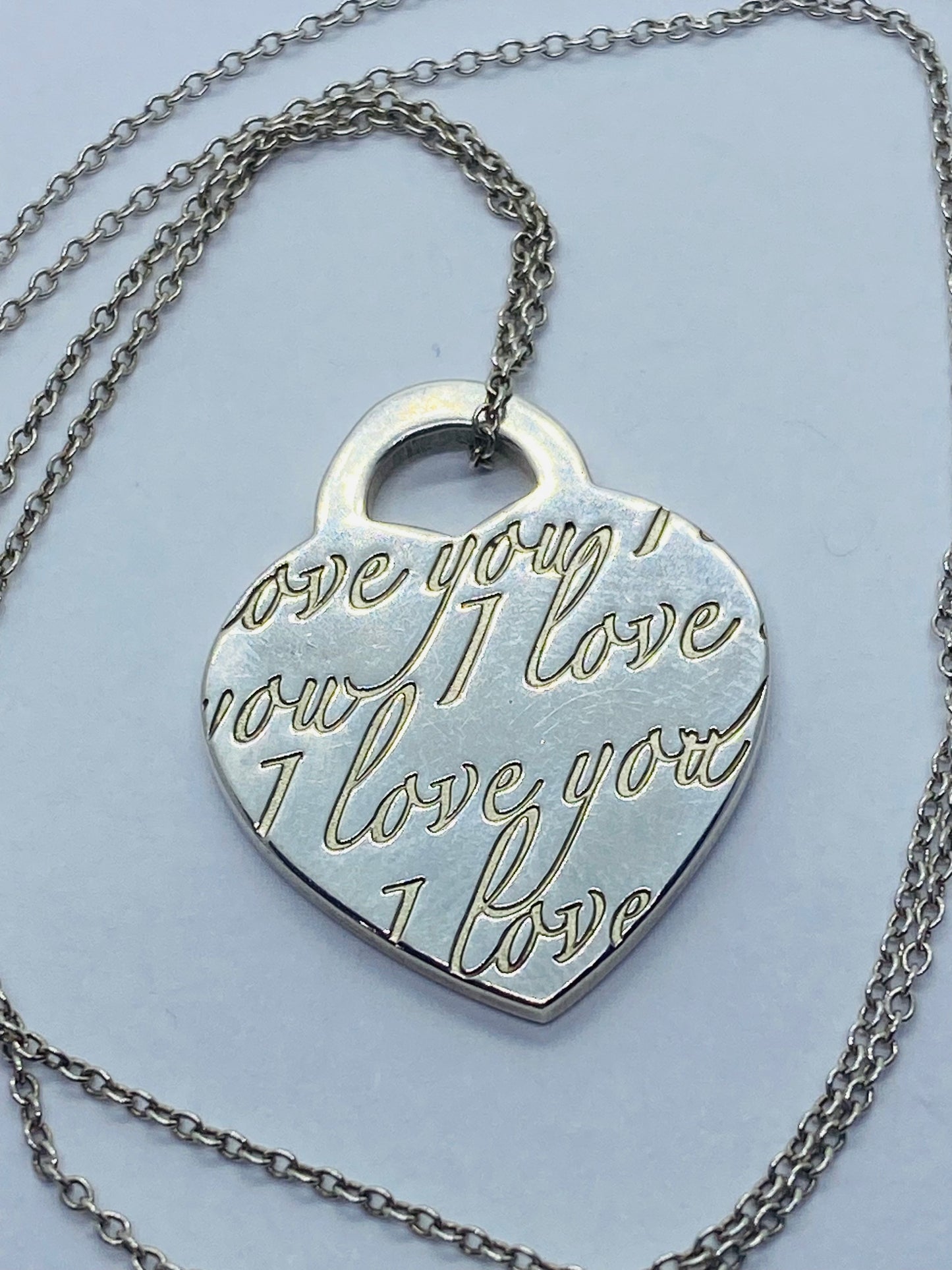 Tiffany & Co Sterling Silver Heart I Love You Notes Pendant 16.5” Necklace