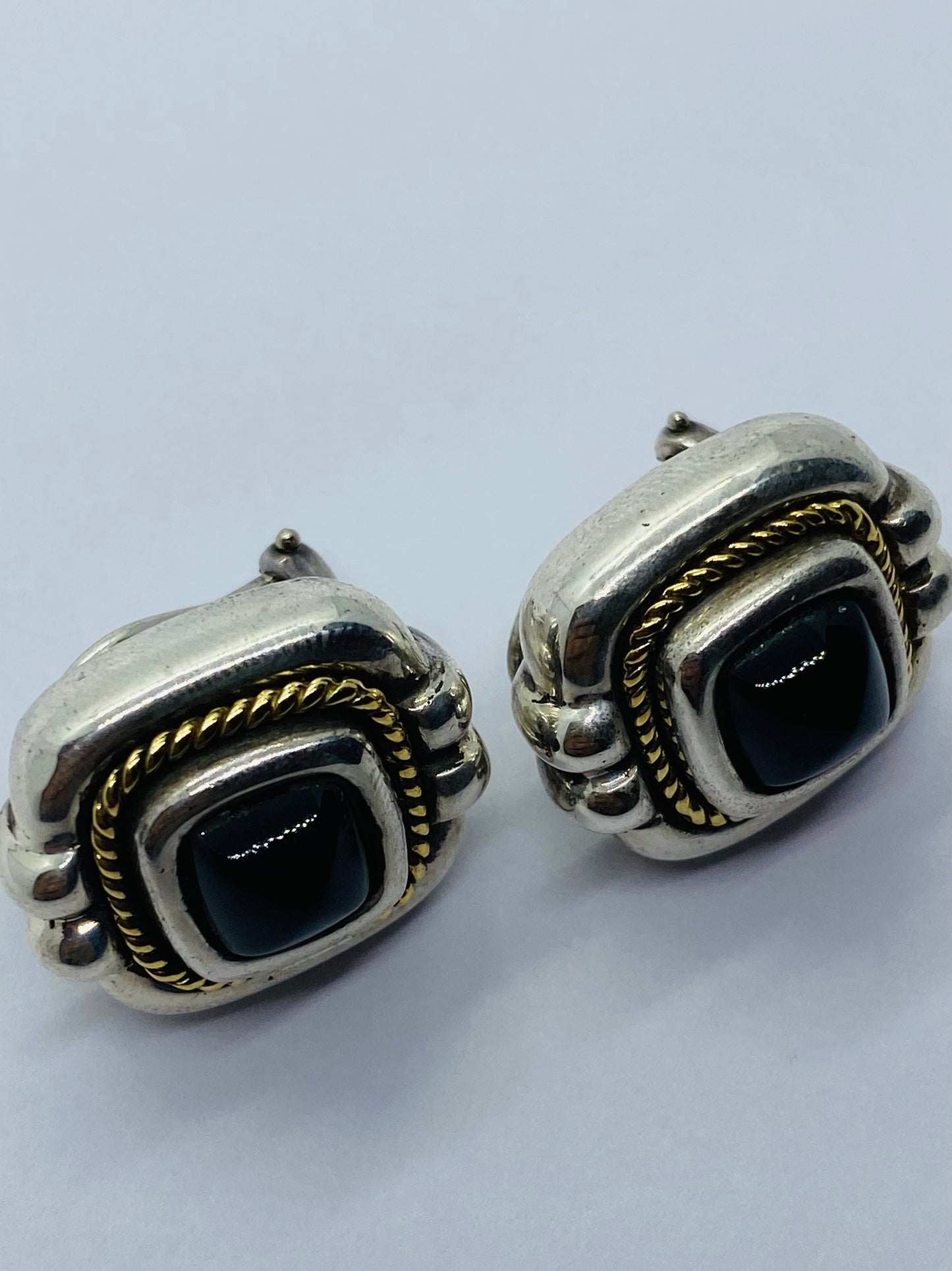 Tiffany & Co Silver Gold Rope Onyx Square Earrings Studs Pierced