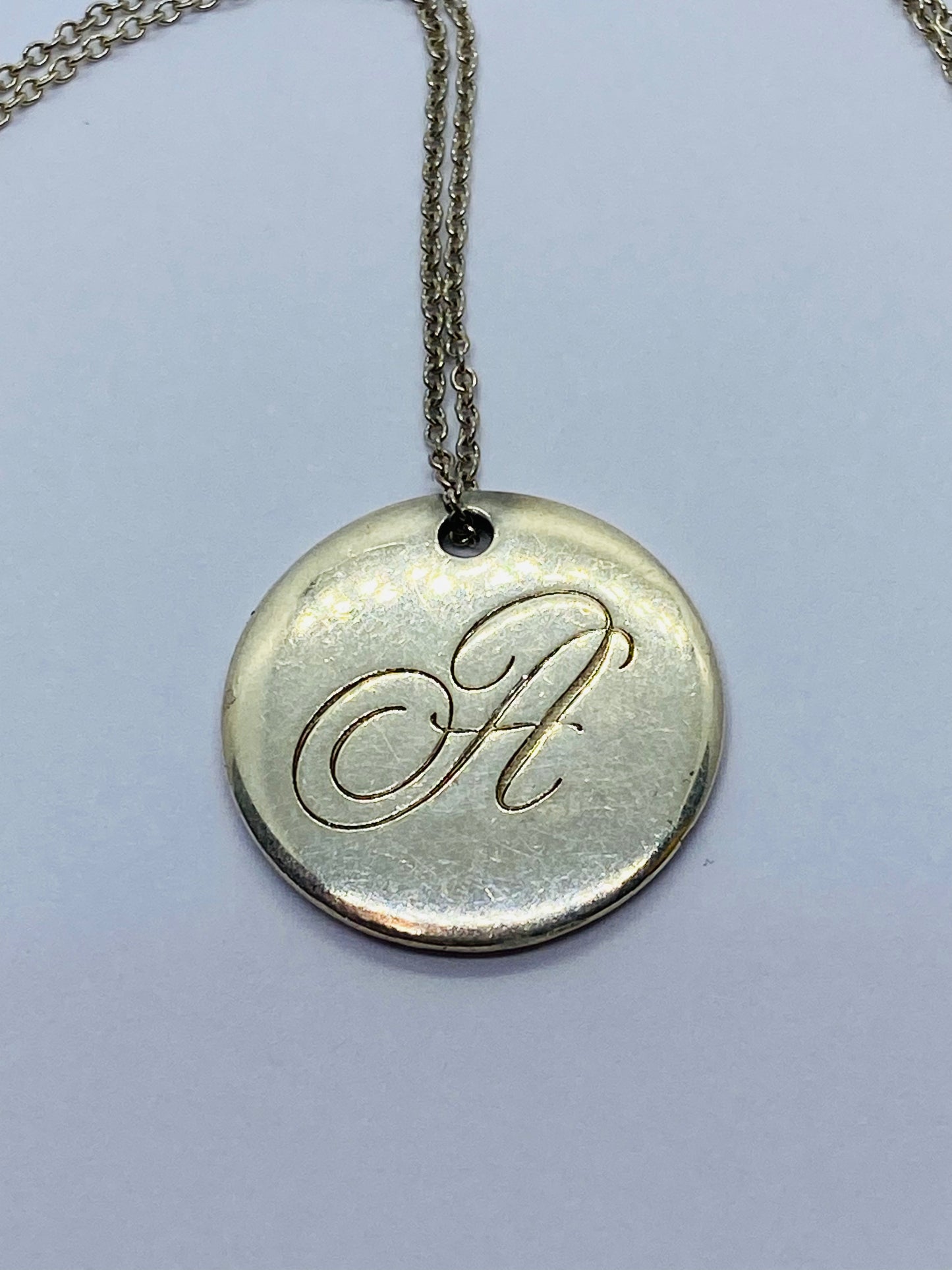 Tiffany Letter A Large Alphabet Initial Disc Notes Pendant Chain Necklace 19.5”