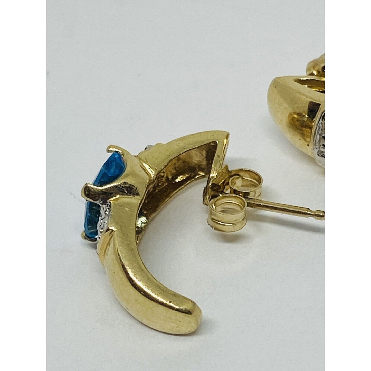 10K Yellow Gold Blue Topaz Diamond Earrings Half Hoop