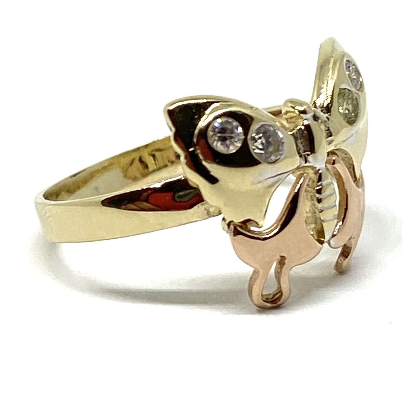 14K Solid Yellow Gold Beautiful Tri Color Butterfly CZ Ring. Size 6 3/4