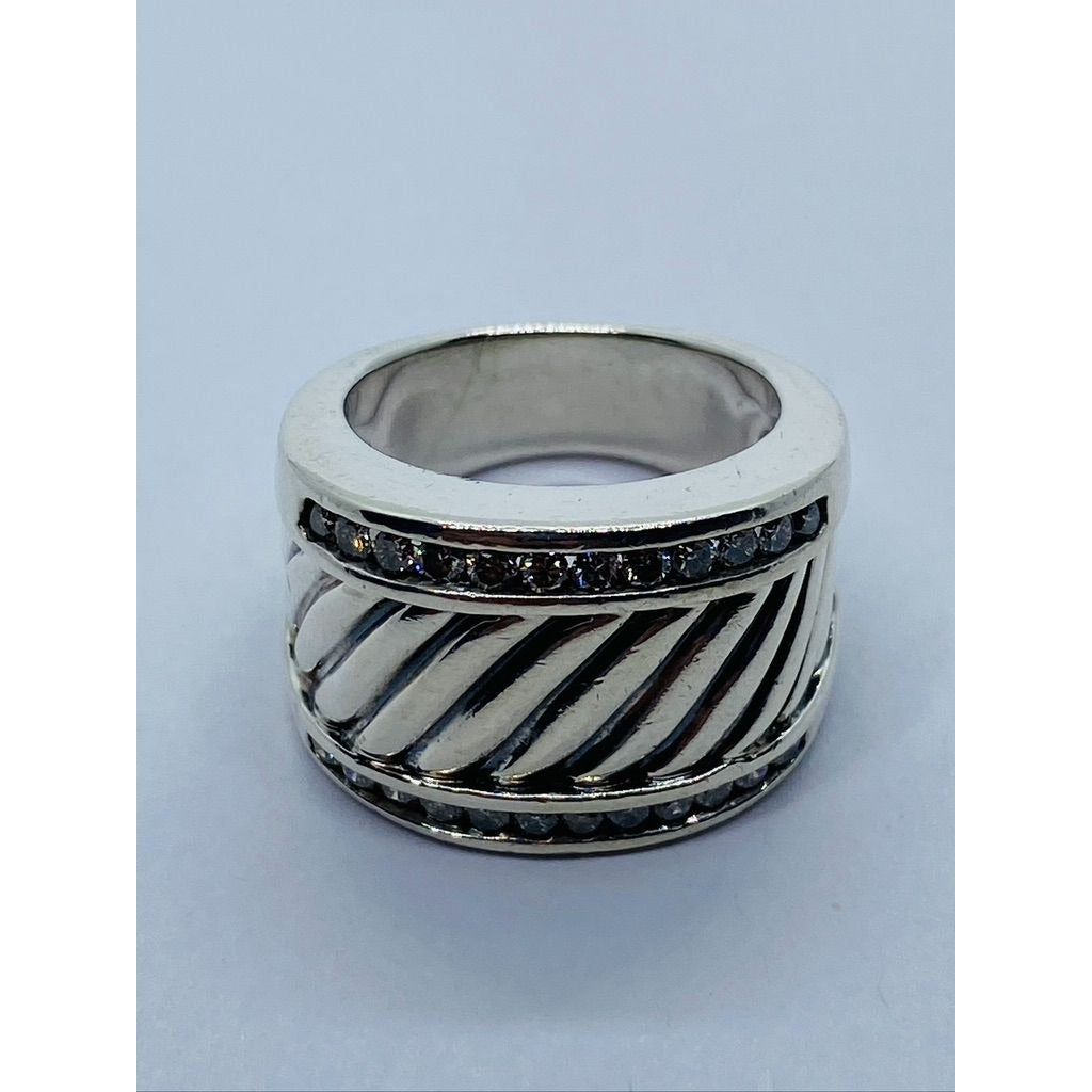 David Yurman Diamond Cigar Band Ring 5.75 Sterling Silver 21mm wide