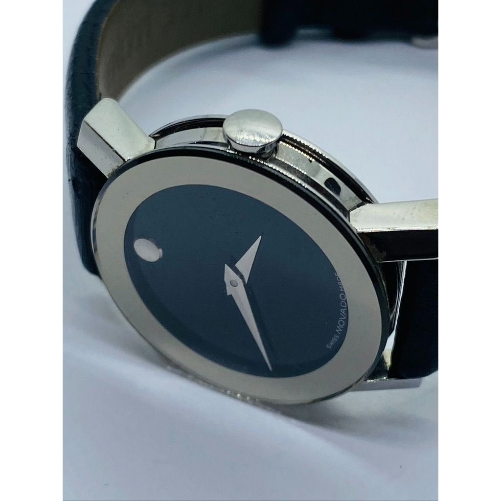 Movado 84 G3 1852 Ladies Leather Mirror Bezel Black Museum Dial Watch