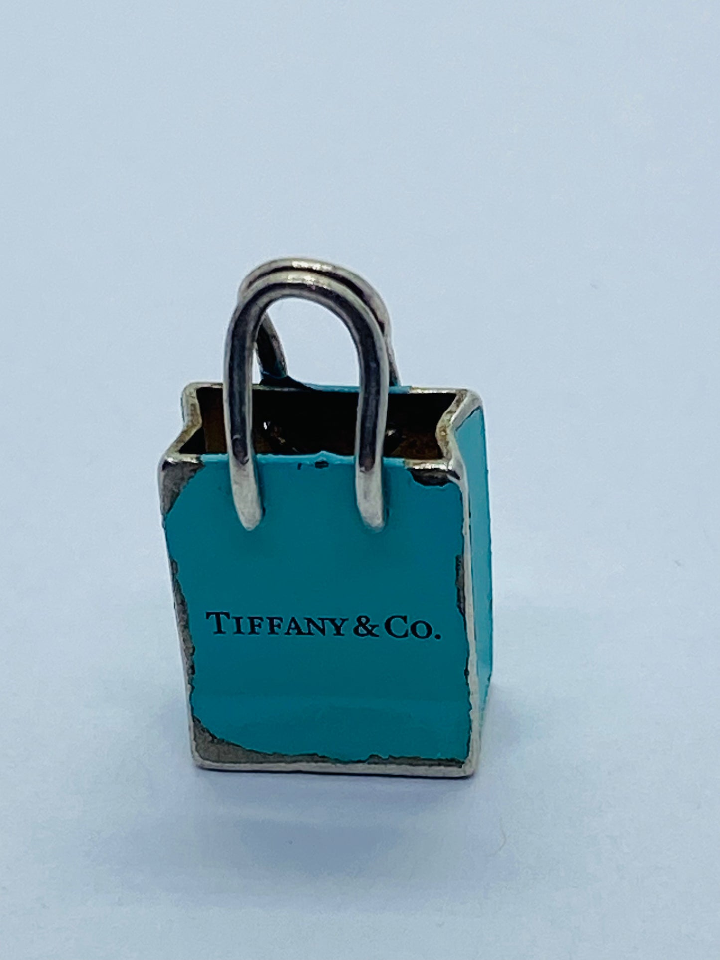 Tiffany & Co Sterling Silver Blue Enamel Shopping Bag Charm Pendant Pouch
