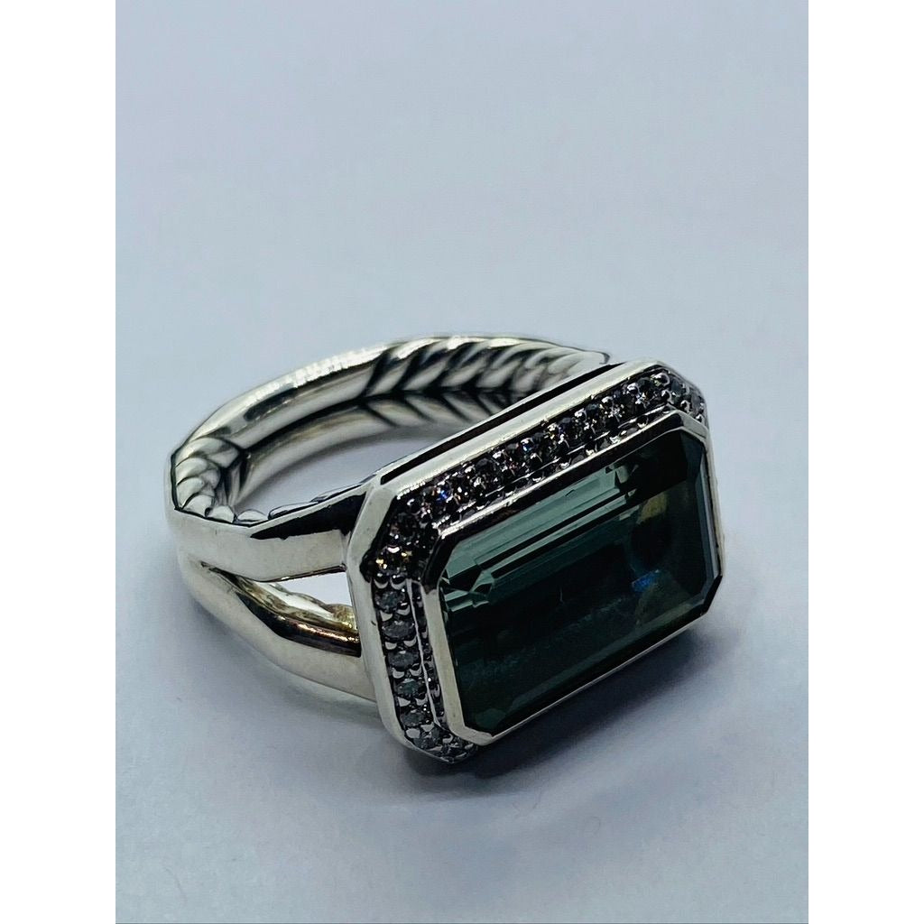 David Yurman Sterling Silver Novella Prasiolite Diamond Ring Size 4.75