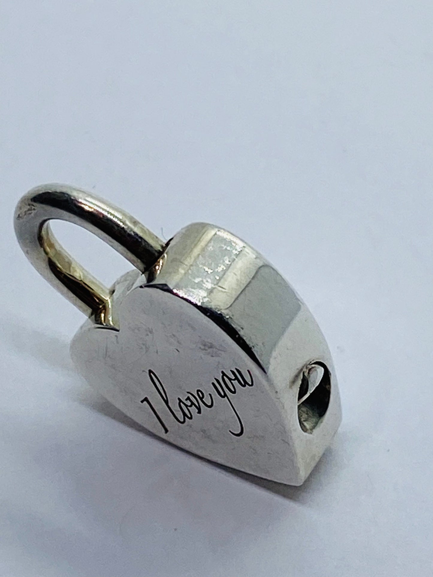 Tiffany & Co Silver I LOVE YOU Heart Padlock Charm Pendant Love Script pouch