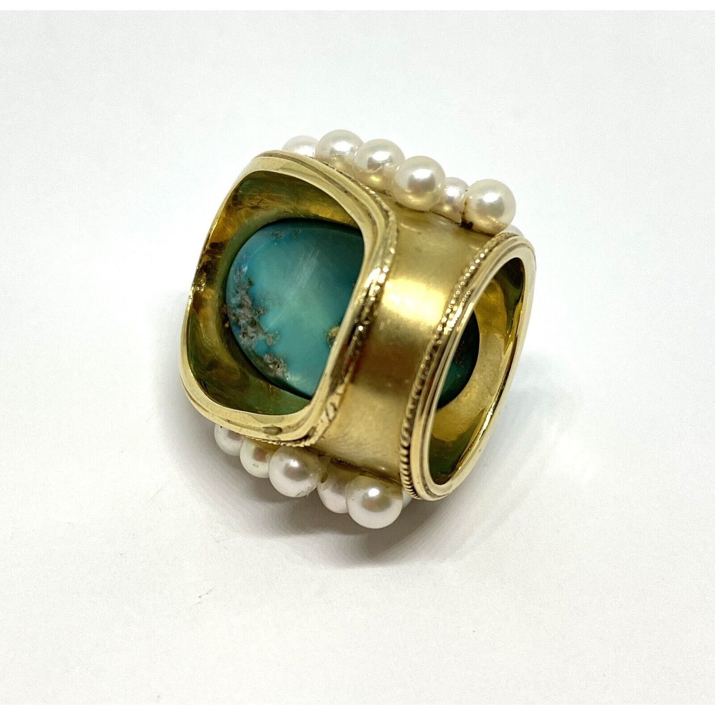 Huge 16CT Natural Turquoise Pearl 18K Gold Wide Shield Ring 30.3 Grams Gia Cert